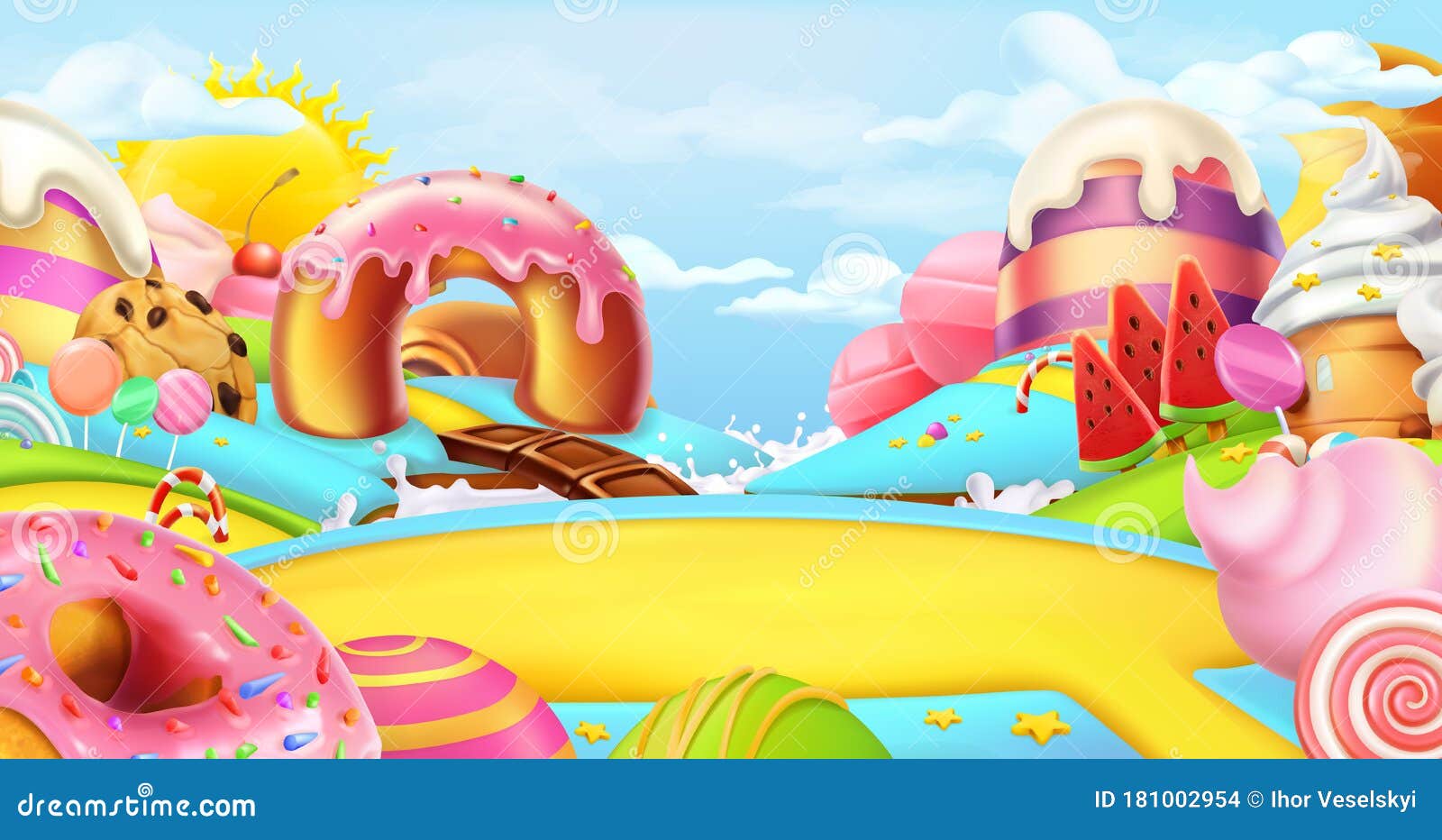 Glade in a Candy Land. Sweet Landscape, 3d Vector Panorama Stock Vector