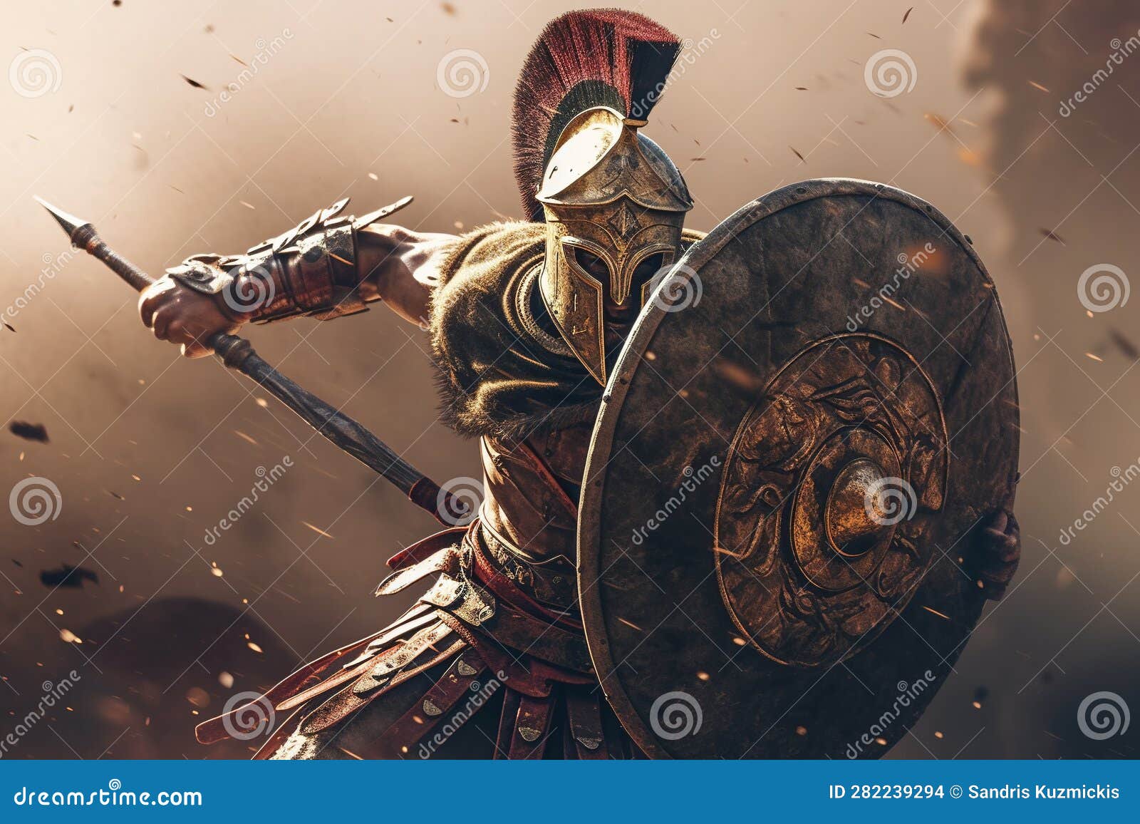 Gladiator is Fighting with Sword and Shield. Generative AI Stock