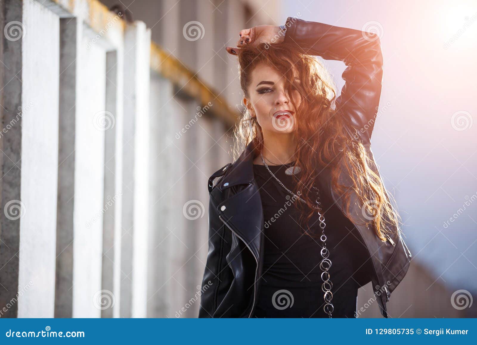Glam Rock Style Girl in Leather Jacket Stock Image - Image of lips,  outdoors: 129805735