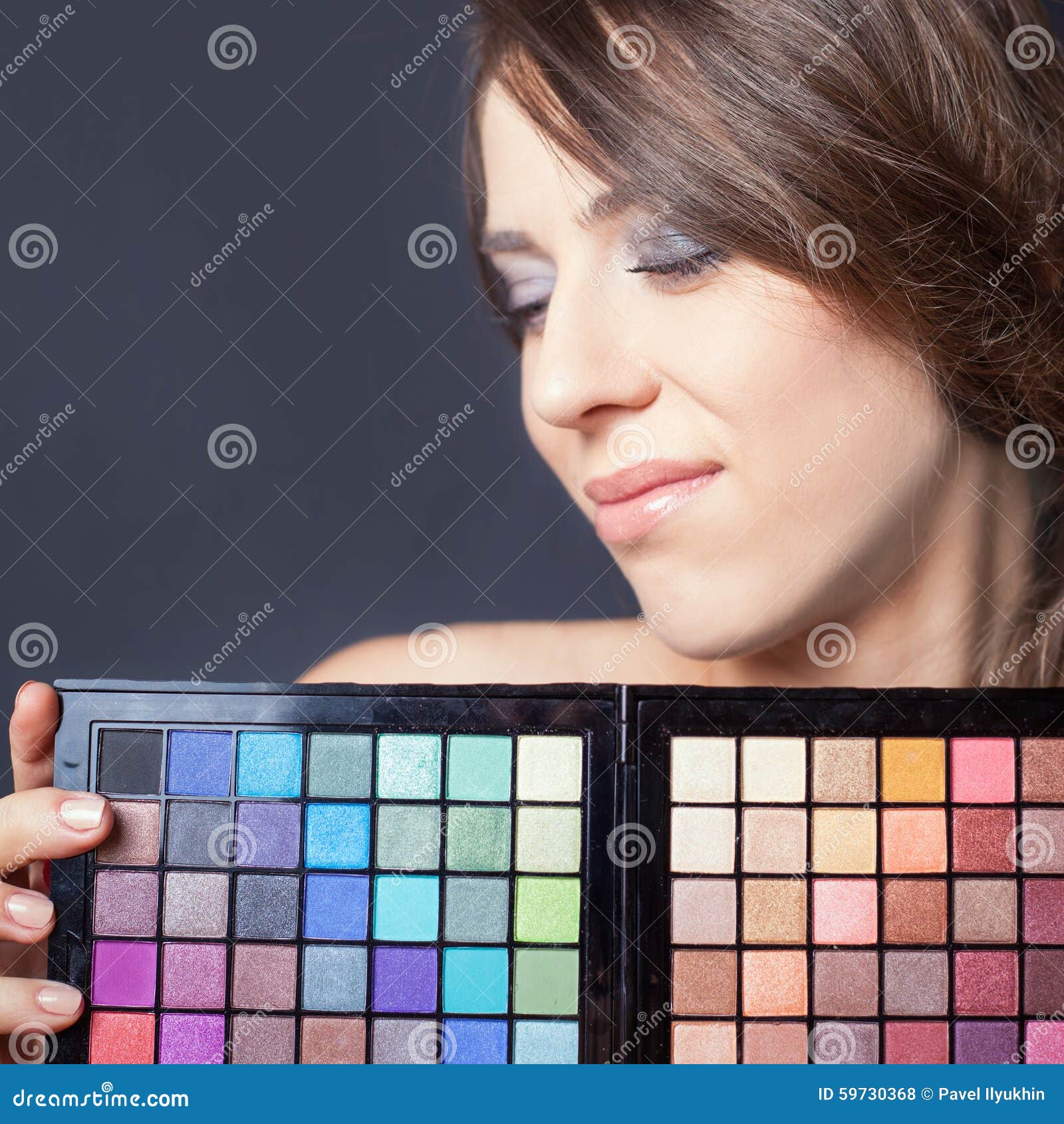 Glamor Woman With Colorful Palette For Fashion Makeup Stock Photo