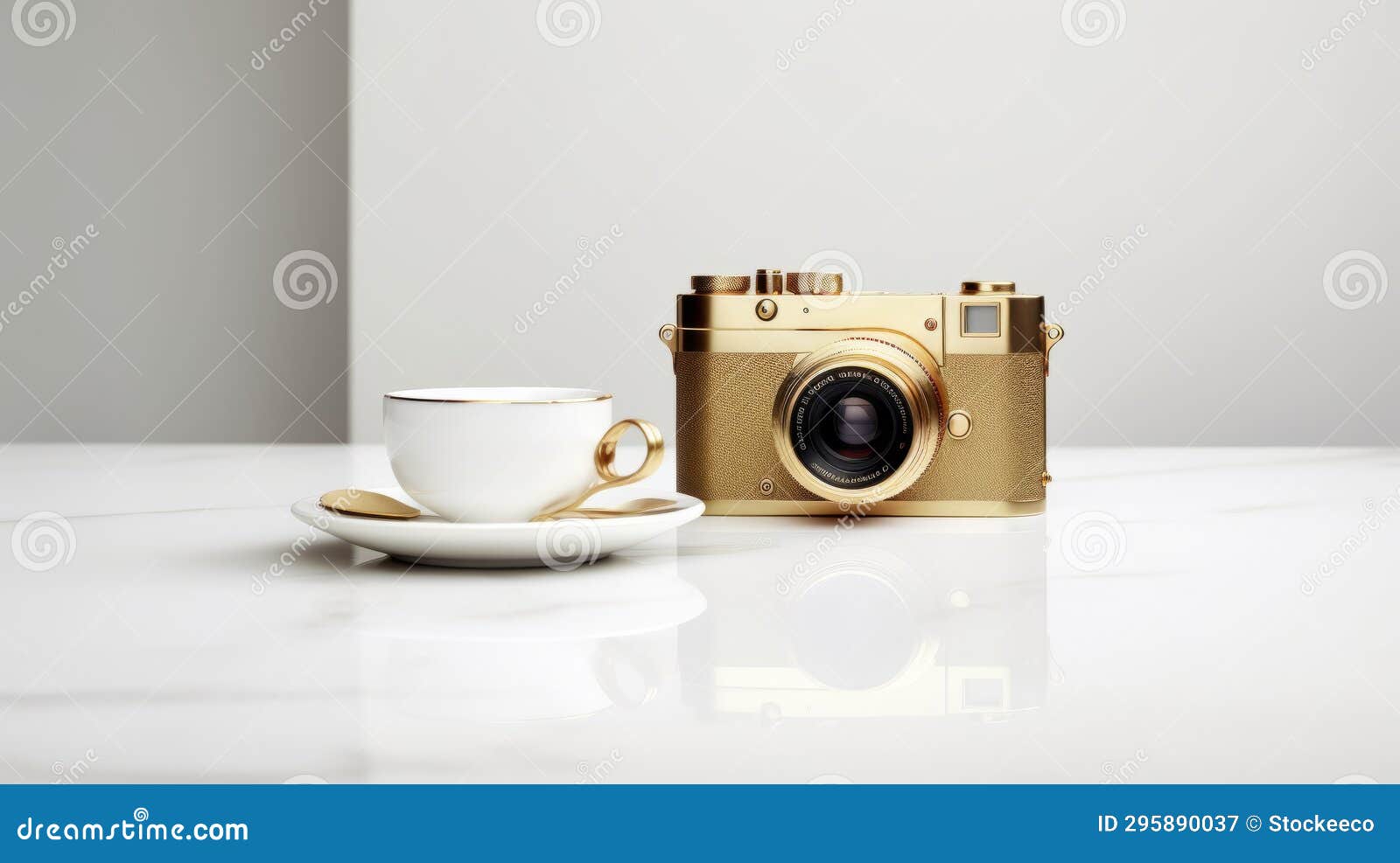 glamorous gold coffee cup with leica camera 