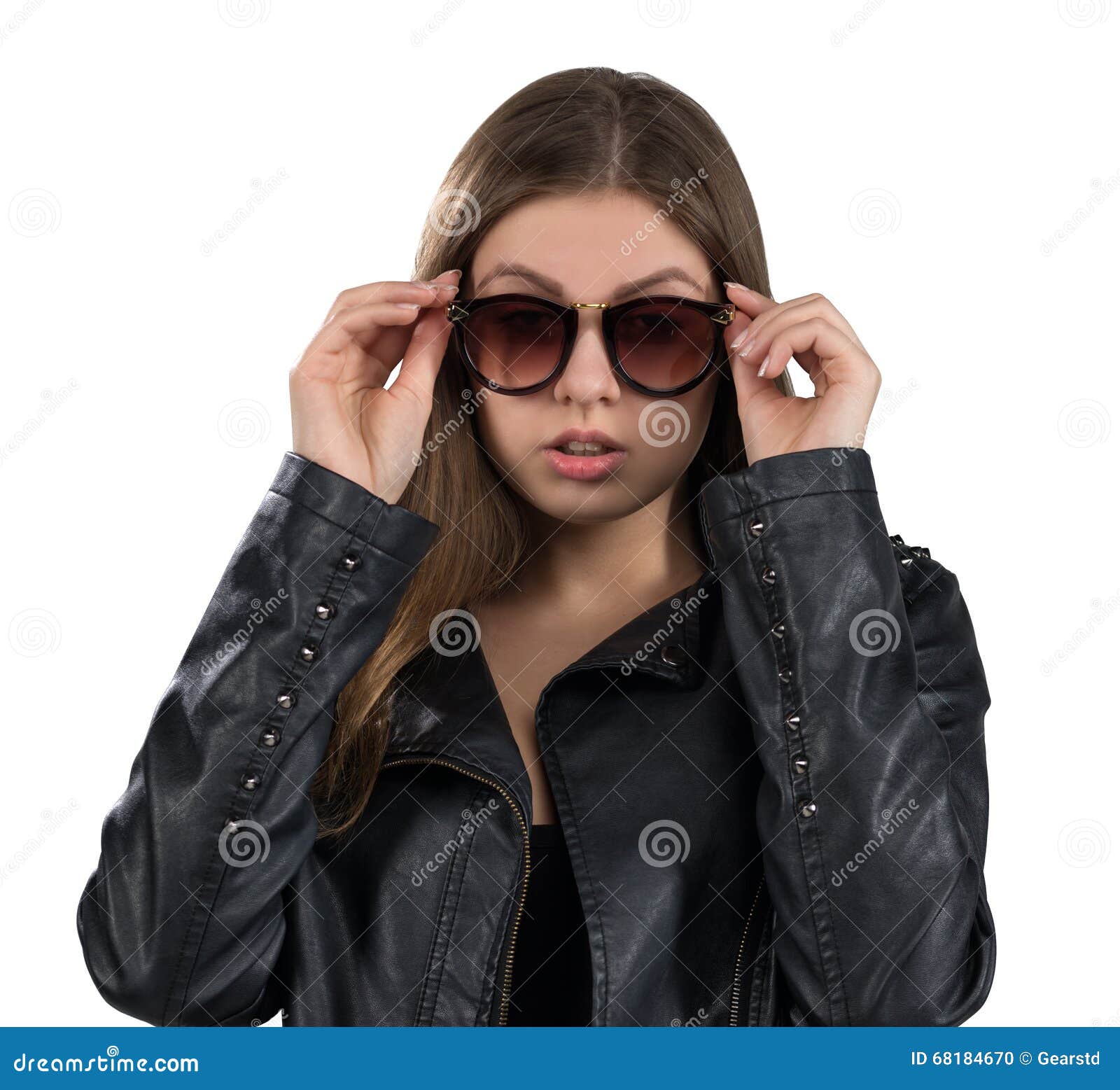 Glamorous Hot Young Woman in a Leather Jacket and Brown Sunglasses ...