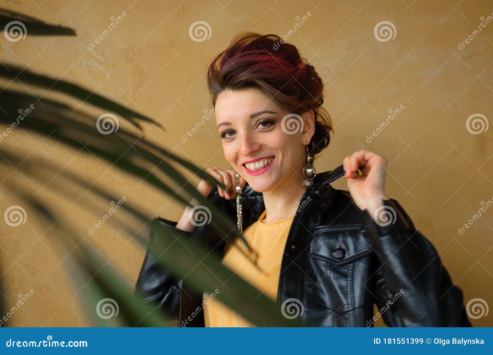 Glamorous Lady in Punk Rock Style Party Clothes with Dark Pink Hair in Casual  Dress, Black Leather Jacket, and Long Stock Image - Image of dress, funky:  181551399