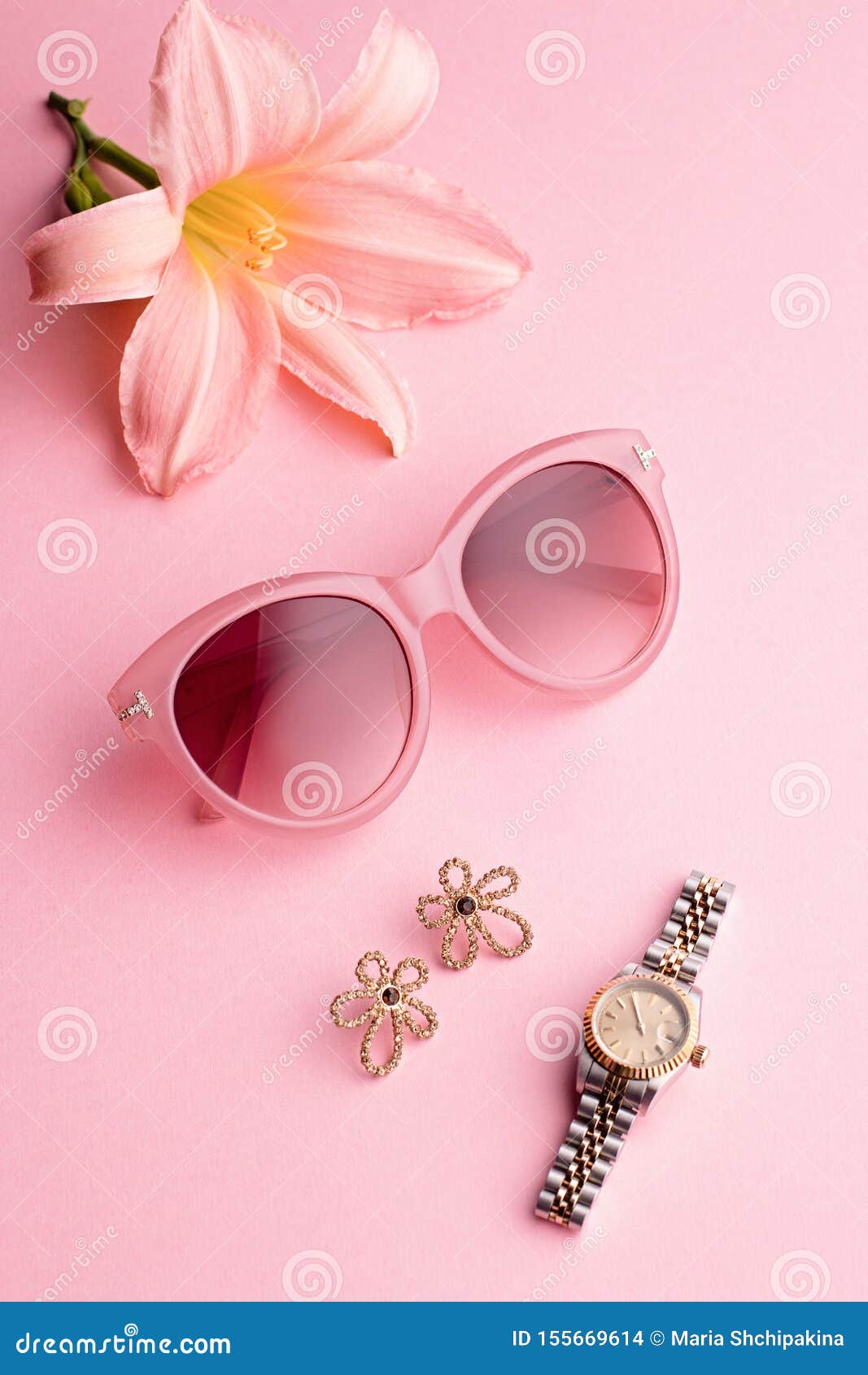 Glamorous Woman Accessories - Watch, Sunglasses, Earrings and Lily Flower. Feminine on Pink Background Stock Photo - Image of flower, color: 155669614