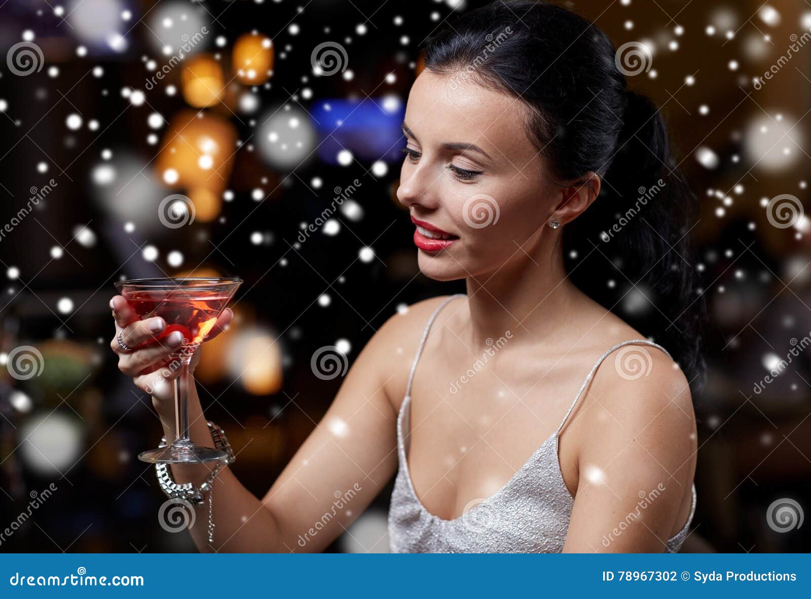 Glamorous Woman with Cocktail at Night Club or Bar Stock Photo - Image ...