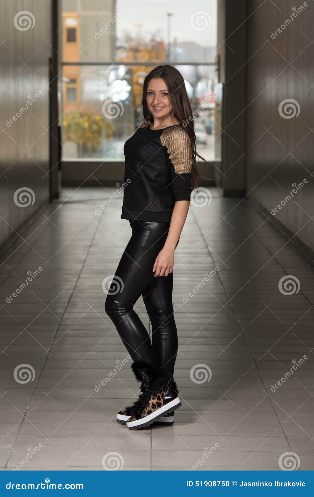 Glamour Fashion Model Wearing Leather Pants and Shirt Stock Photo ...