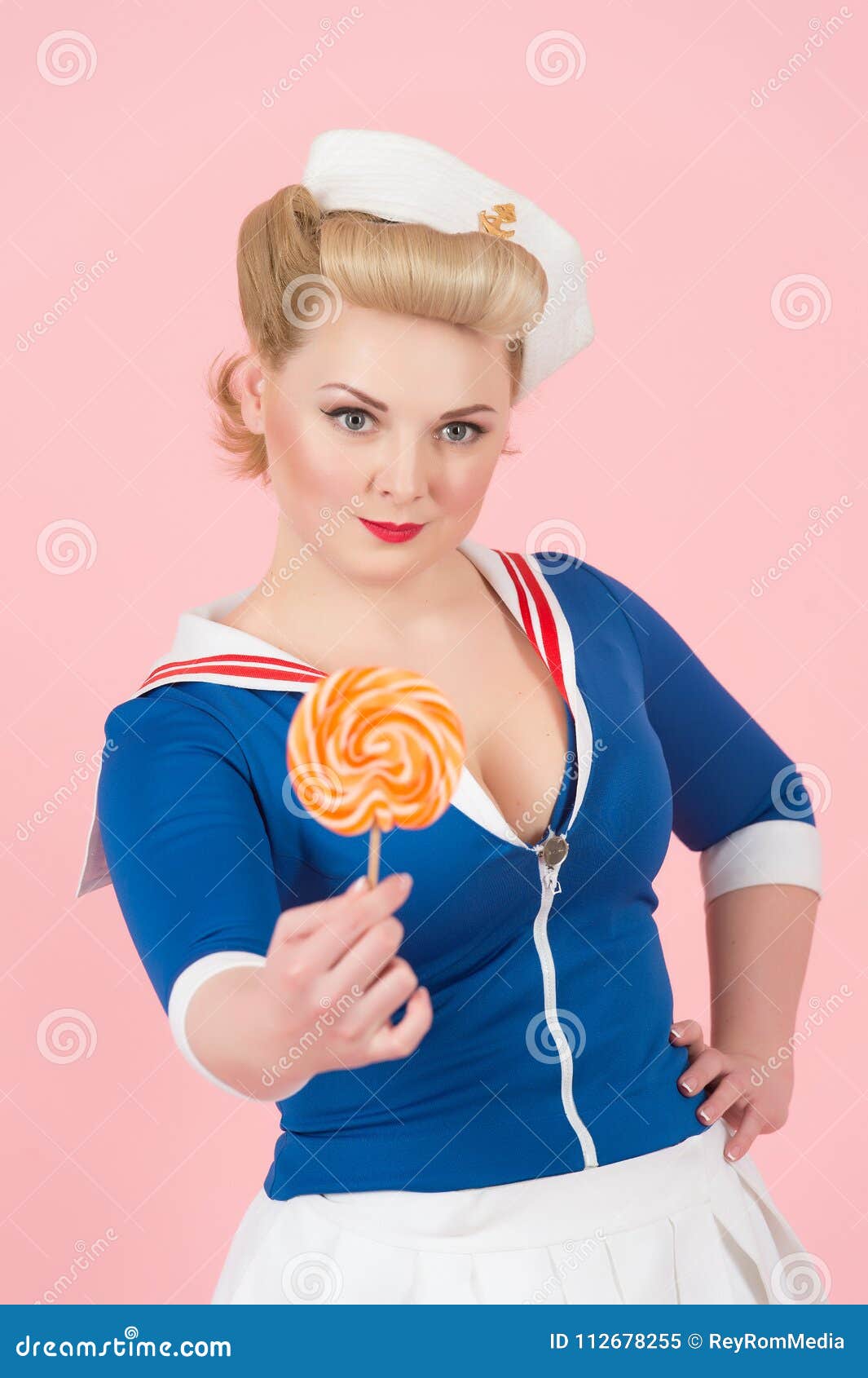 Glamour Pin Up Lady With Big Lollipop Lollipop In Hand Of Retro Styled