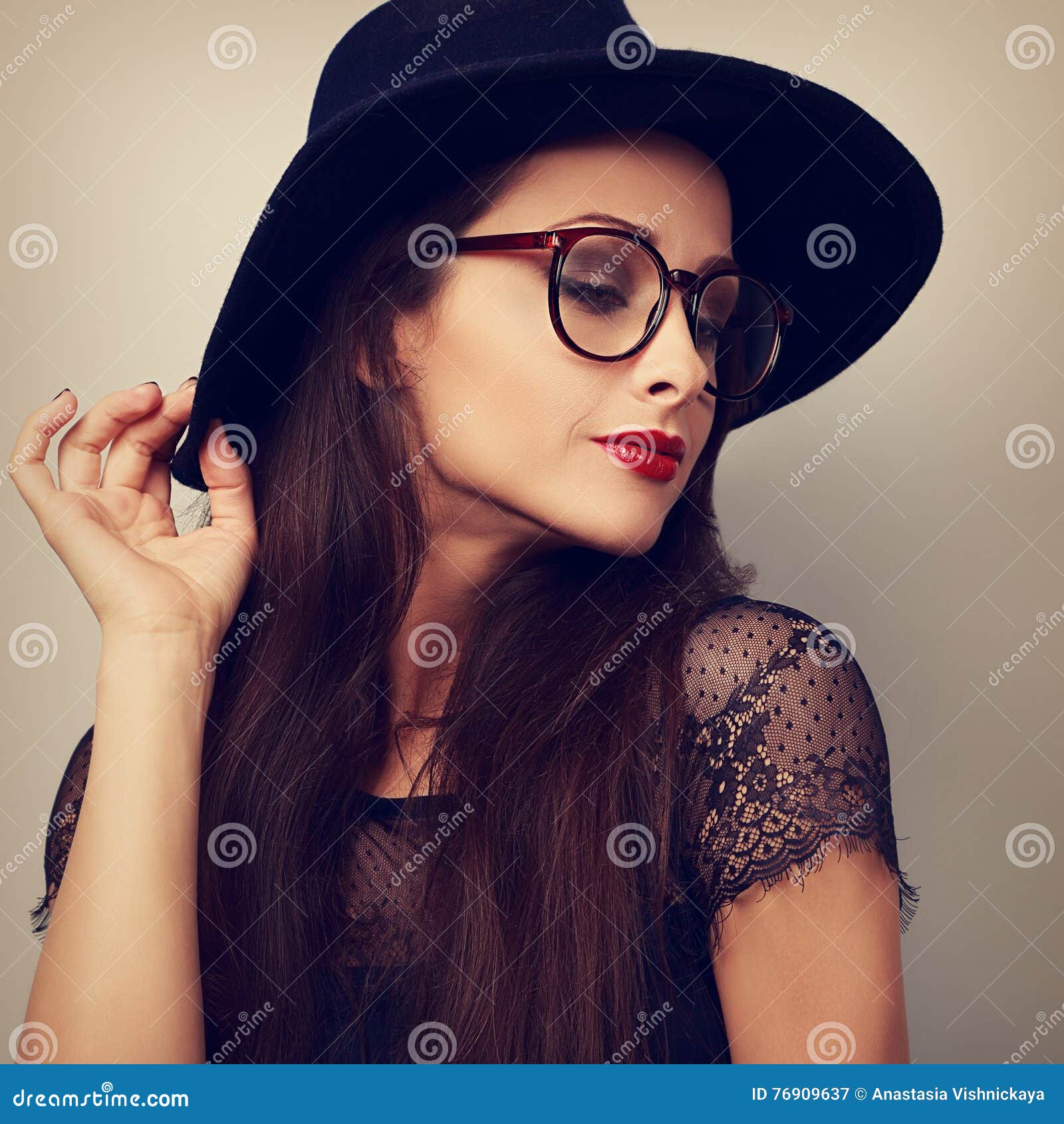 Glamour Makeup Woman Profile in Fashion Glasses and Dark Bl Stock Image ...