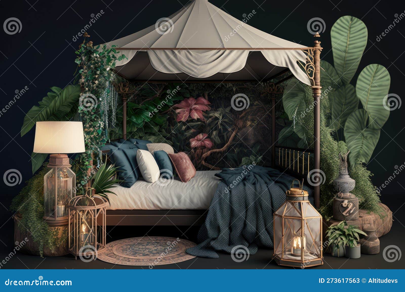 Glamping Set Up with Canopy Bed and Lanterns, Surrounded by Greenery