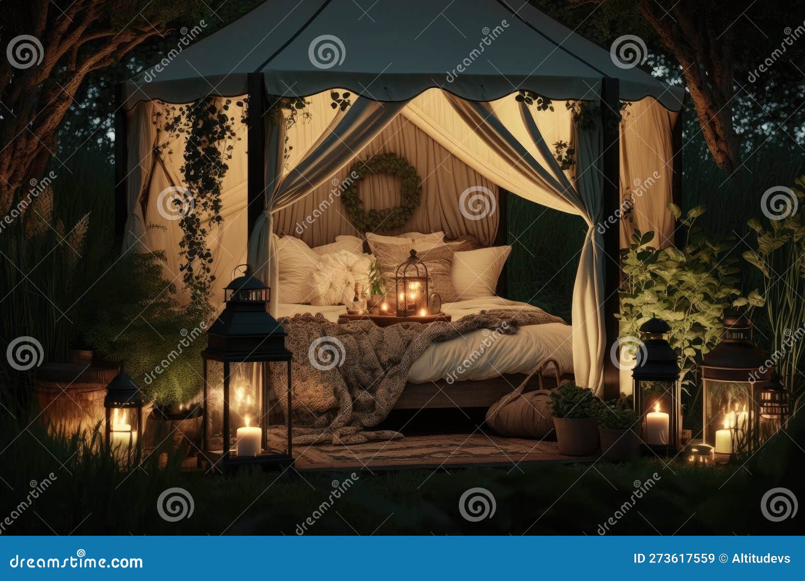 Glamping Set Up with Canopy Bed and Lanterns, Surrounded by Greenery