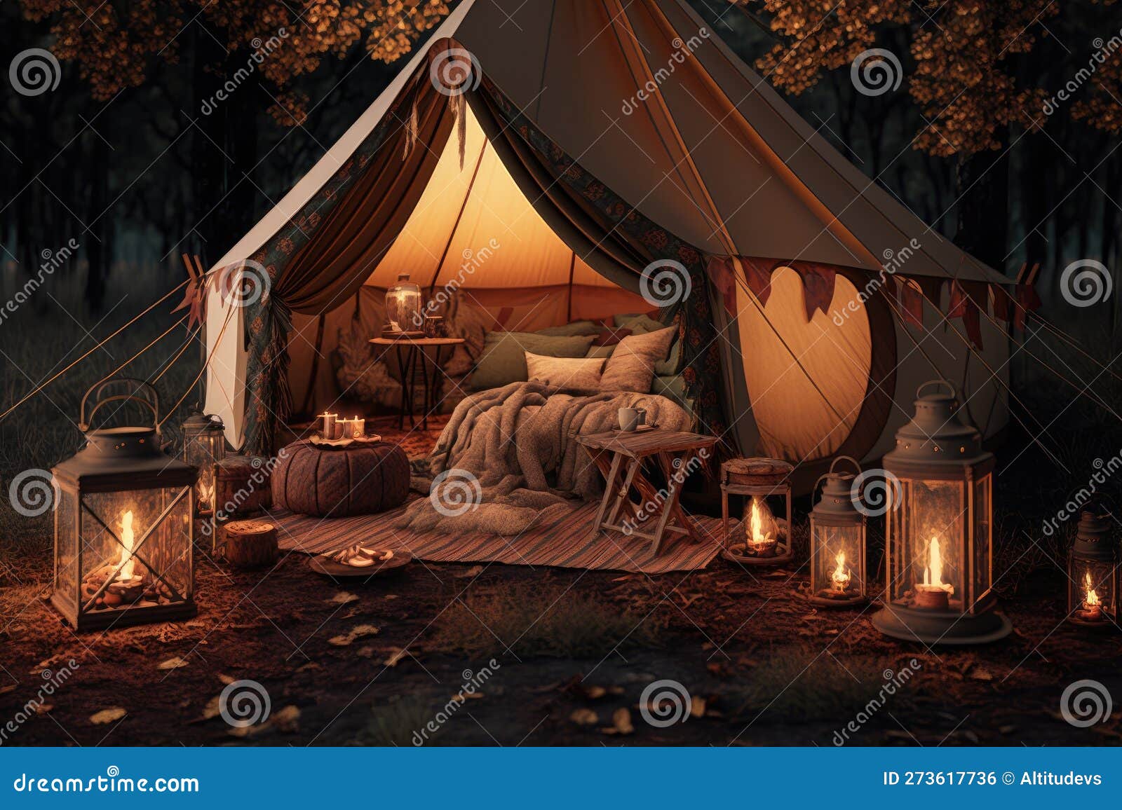 Glamping Tent with Lanterns and Candles Creating a Cozy Atmosphere
