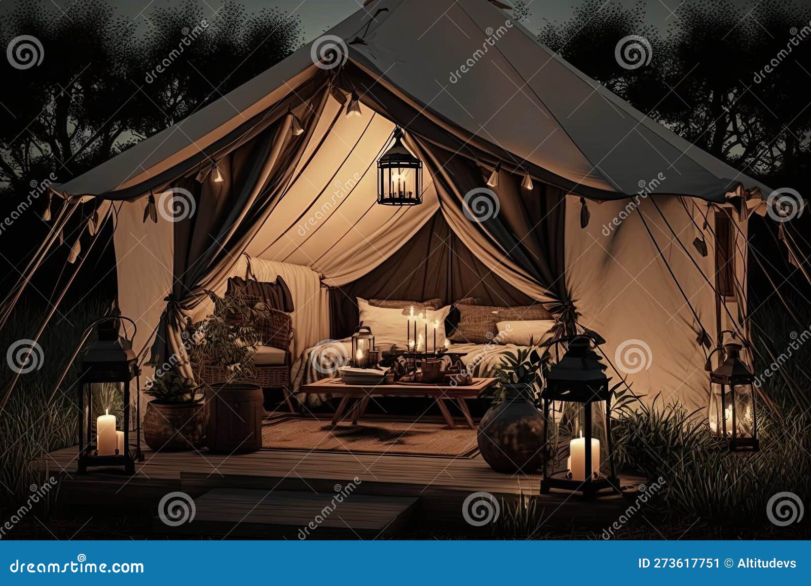 Glamping Tent with Lanterns and Candles for Warm, Cozy Atmosphere Stock