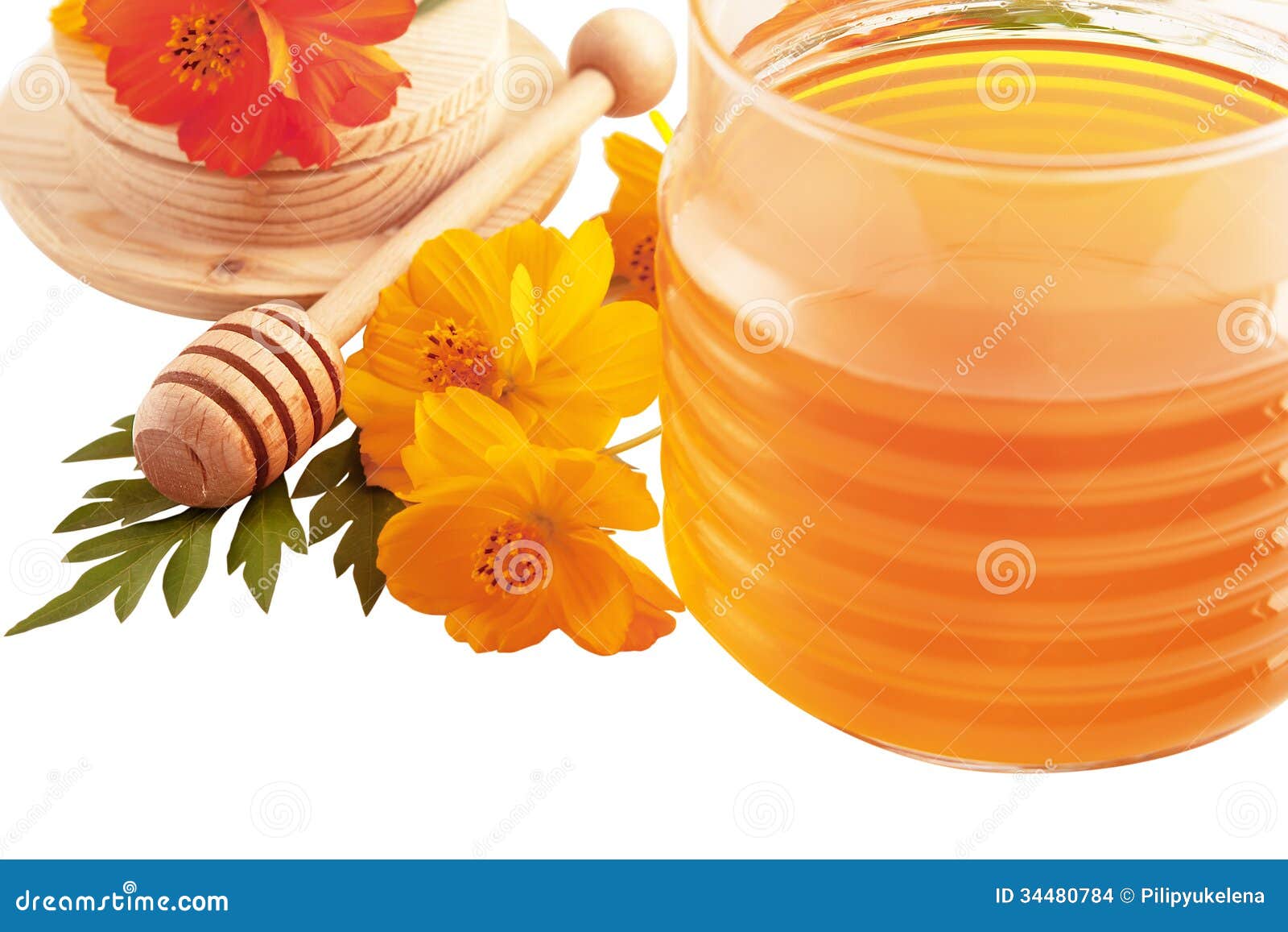 Glas Honig. Glas des Honigs und des hölzernen Stabs lokalisiert auf weißem Hintergrund