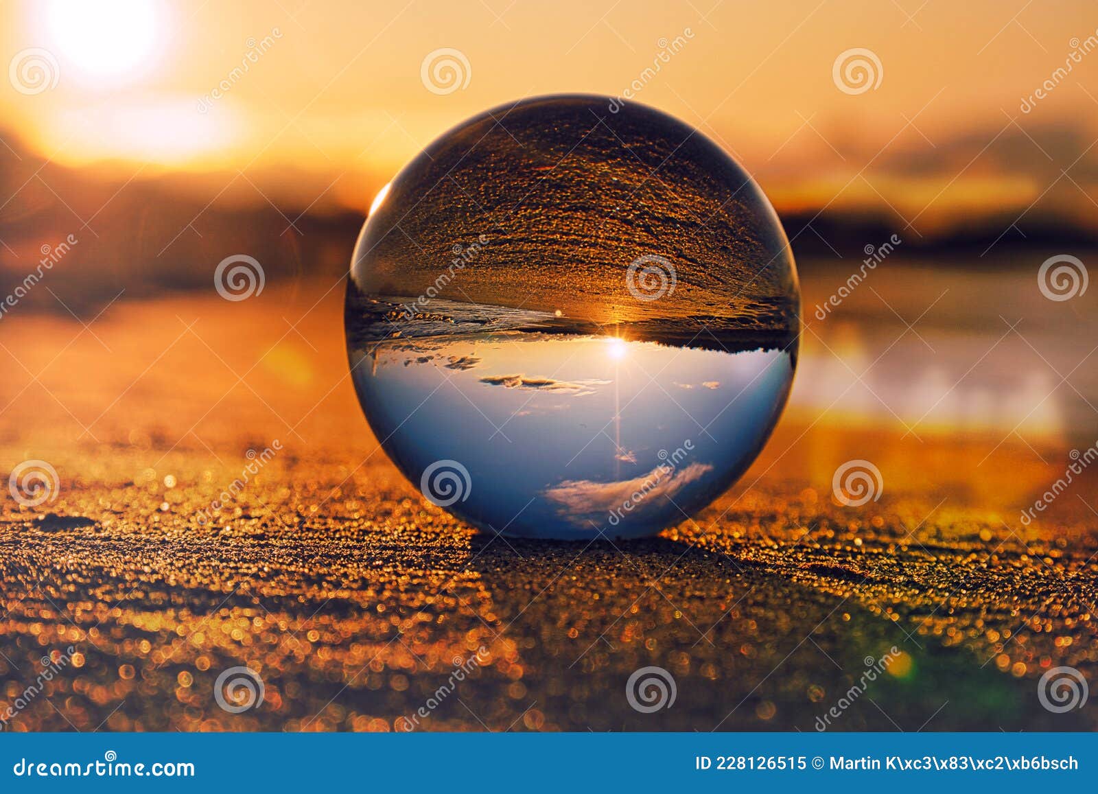 Glass Ball on Beach, Capturing the Landscape in the Glass Stock Image Image of morning, blue