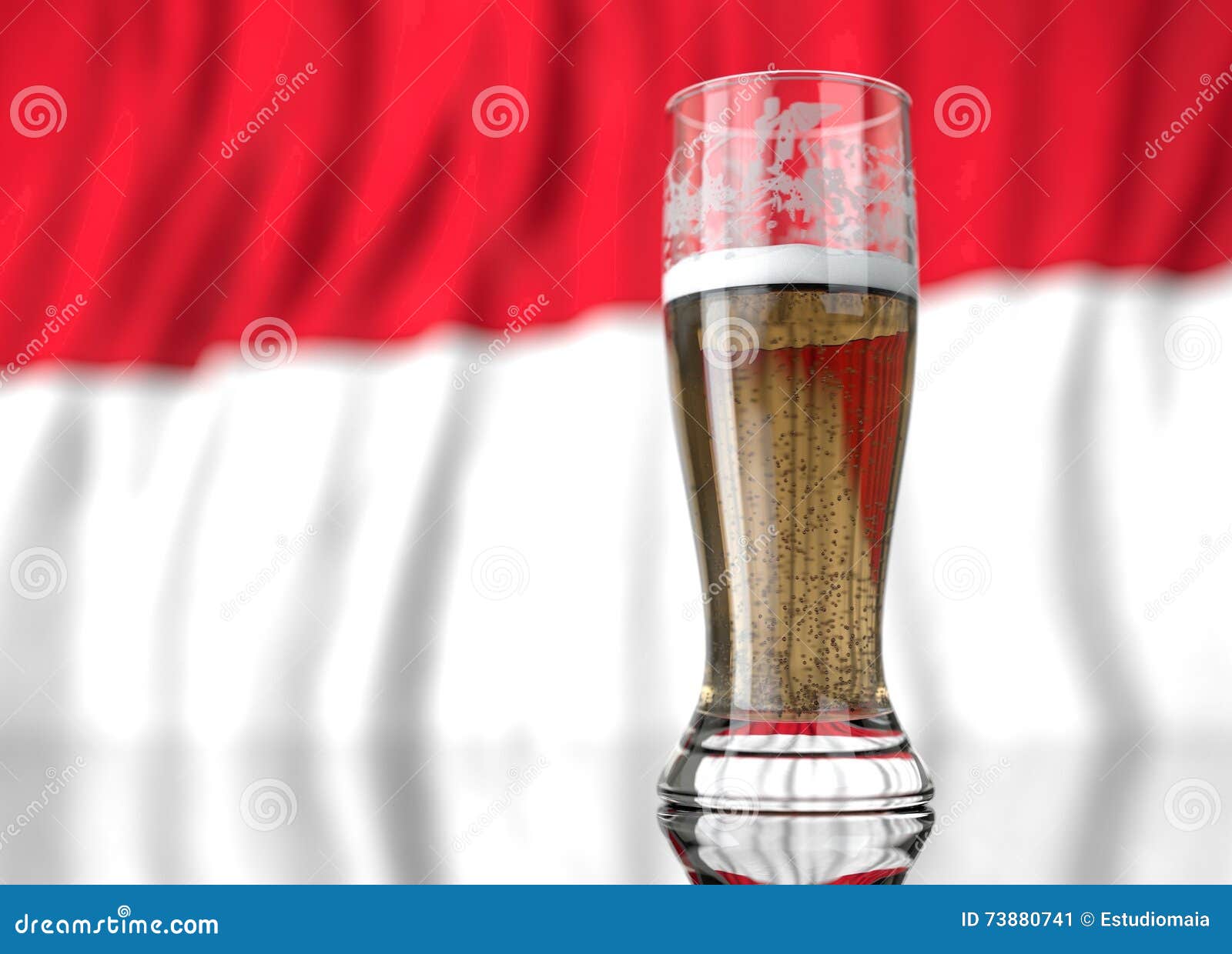 A Glass of Beer in Front a Indonesian Flag. 3D Illustration Rendering