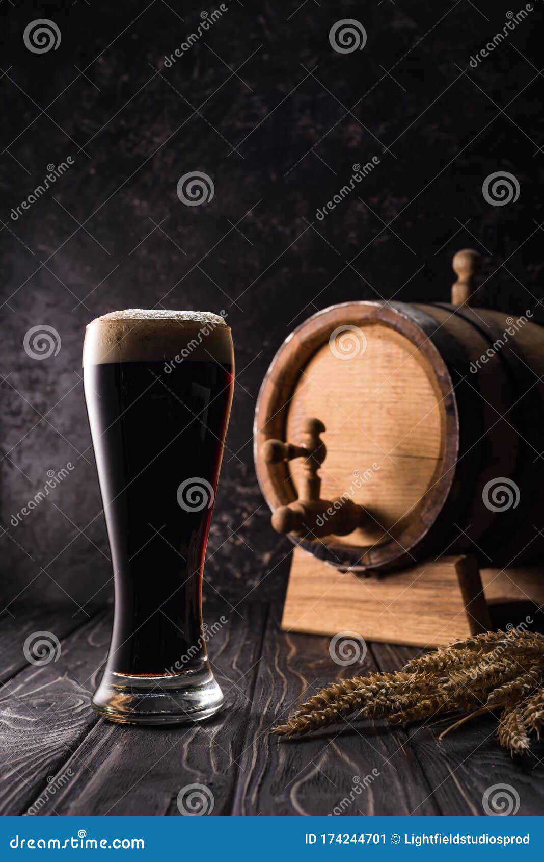 Glass Of Beer Near Small Keg With Tap And Wheat Spikes On ...