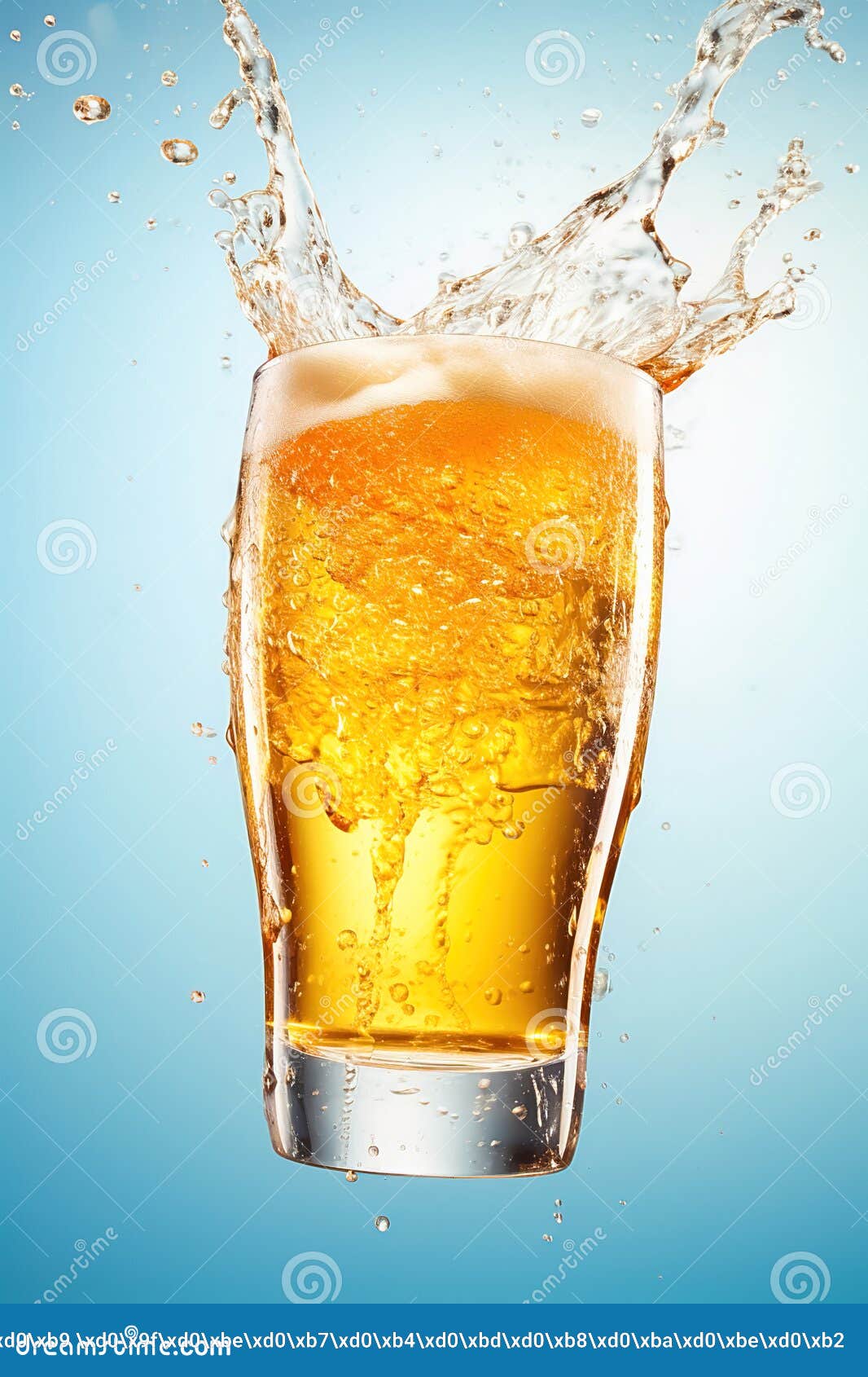 Glass of Beer with Splashes of Foam on a Blue Background. Levitation
