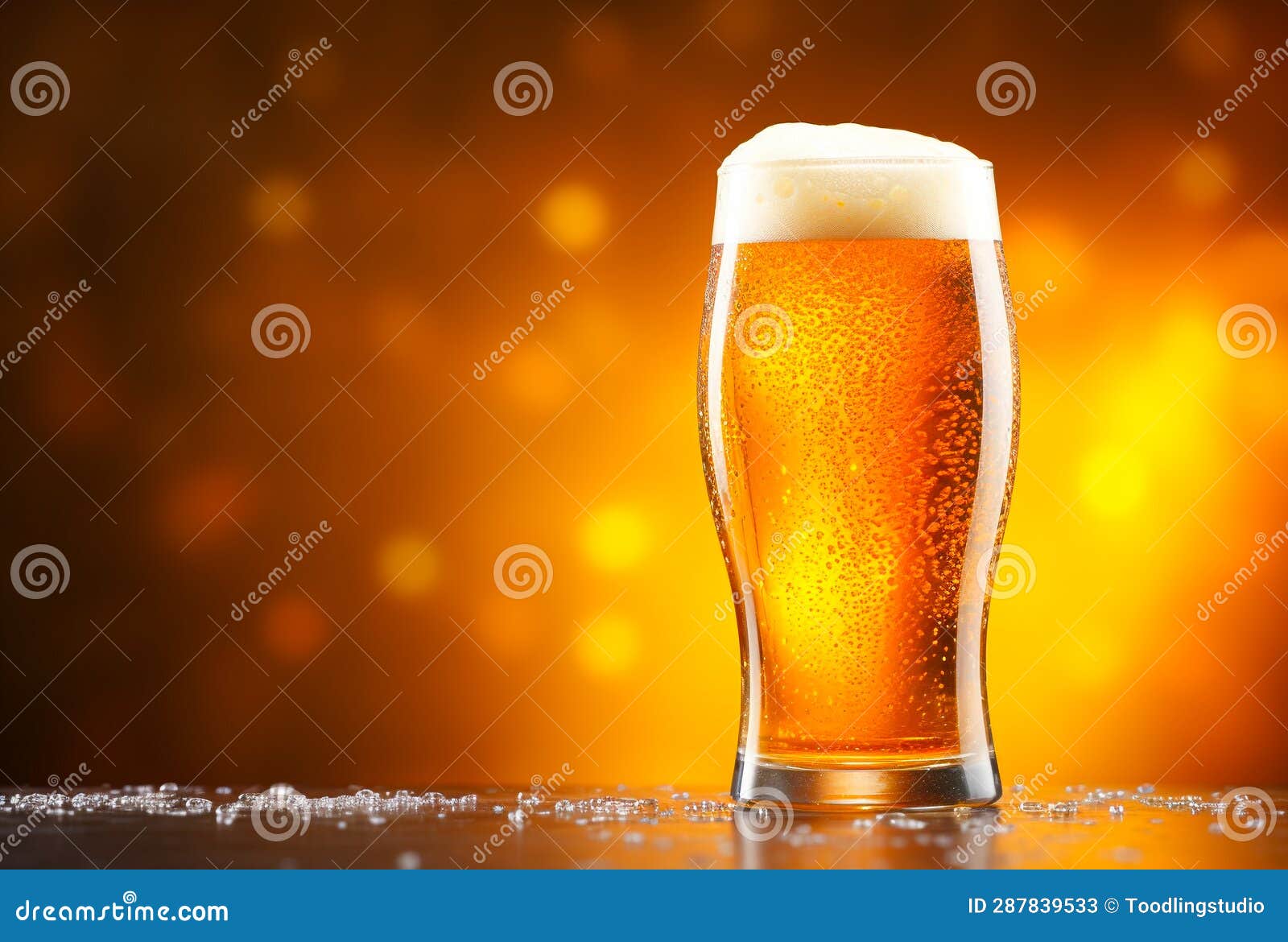 Glass of Beer on Wooden Table. Blurred Background with Space for Text