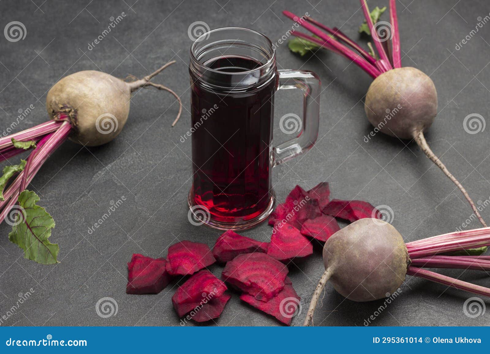 Glass of Beetroot Juice. Beets with Tops, Sliced Beets Stock Photo