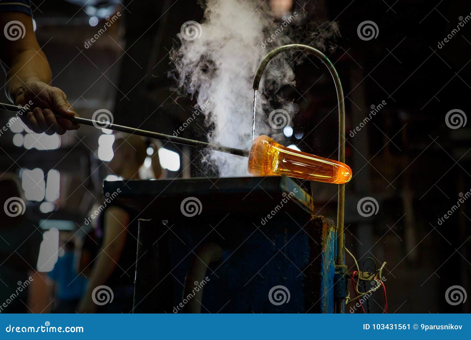 Glass Blower Forming Piece of Glass, Water Cooling. Stock Image Image