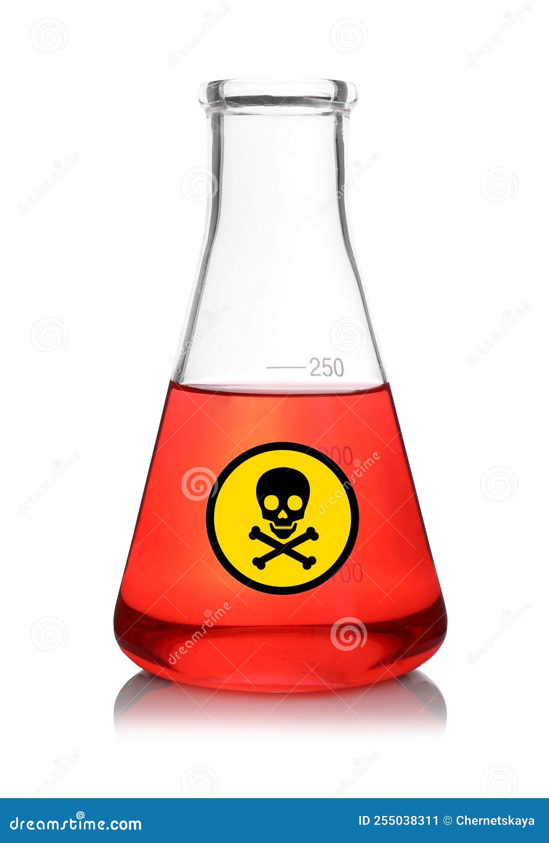 Glass Bottle with Red Toxic Sample and Warning Sign on Background Stock