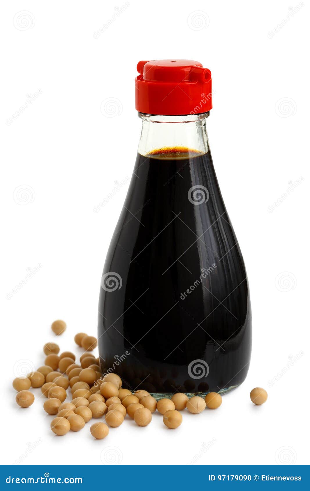 glass bottle of soya sauce with red plastic lid  on whit