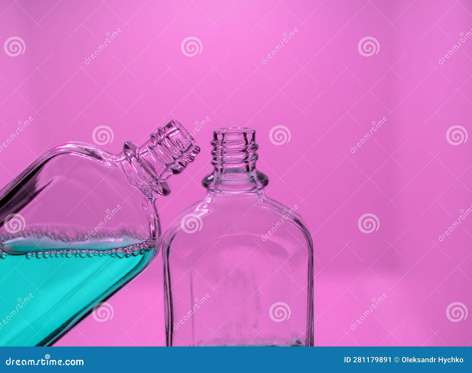 Glass Bottle with Turquoise Liquid and Empty Bottle Stock Image Image