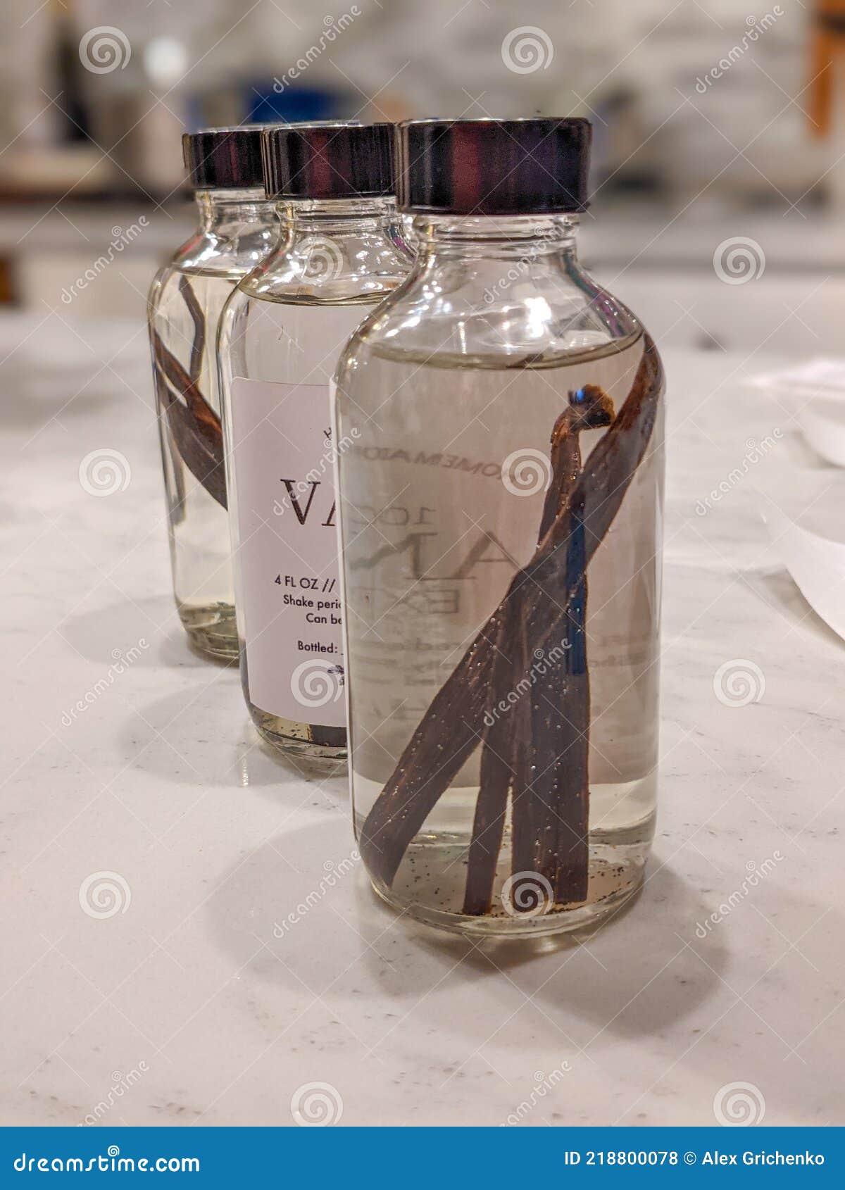 Glass Bottle with Vanilla Extract on Counter Stock Photo Image of