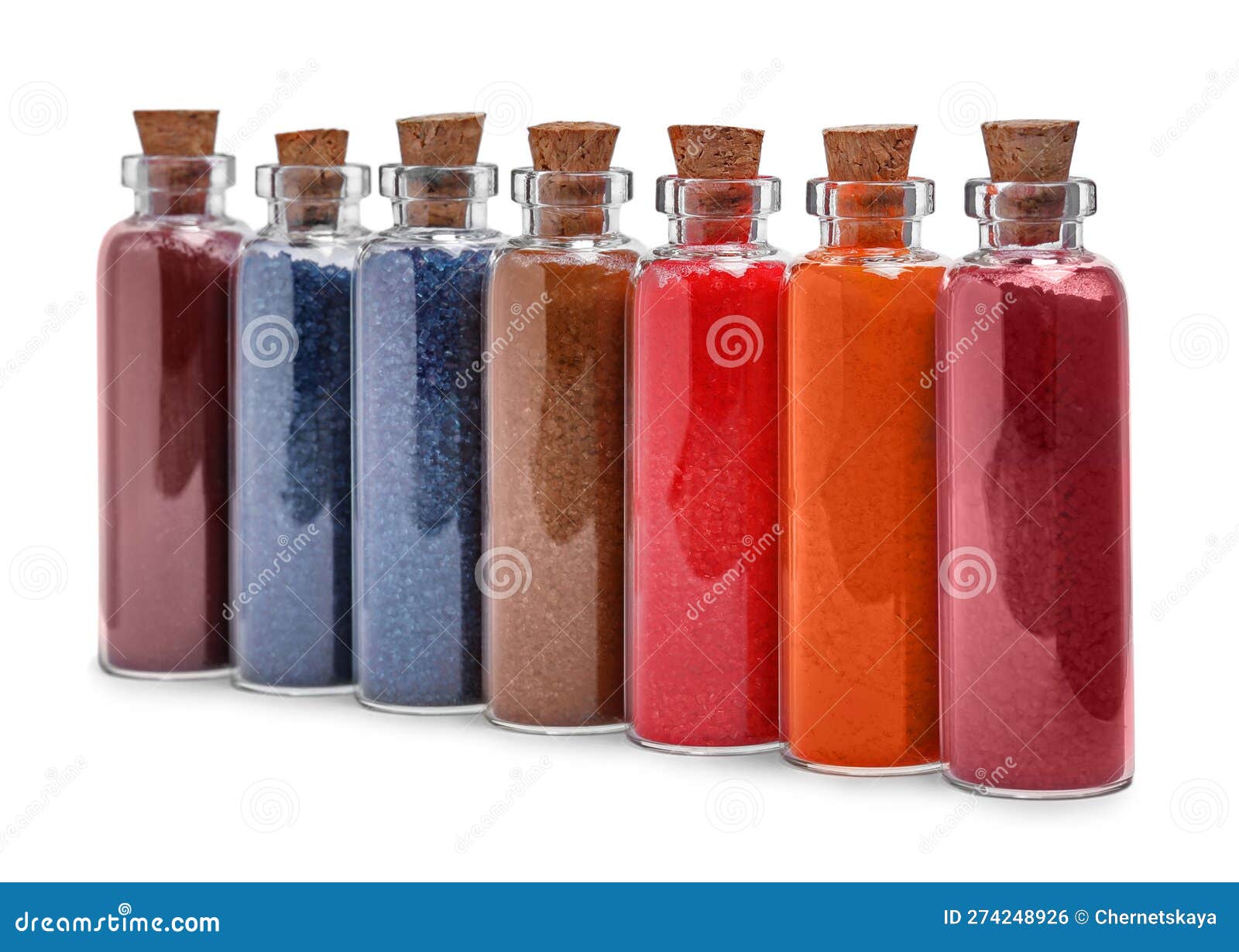 Glass Bottles of Different Food Coloring Isolated on White Stock Photo