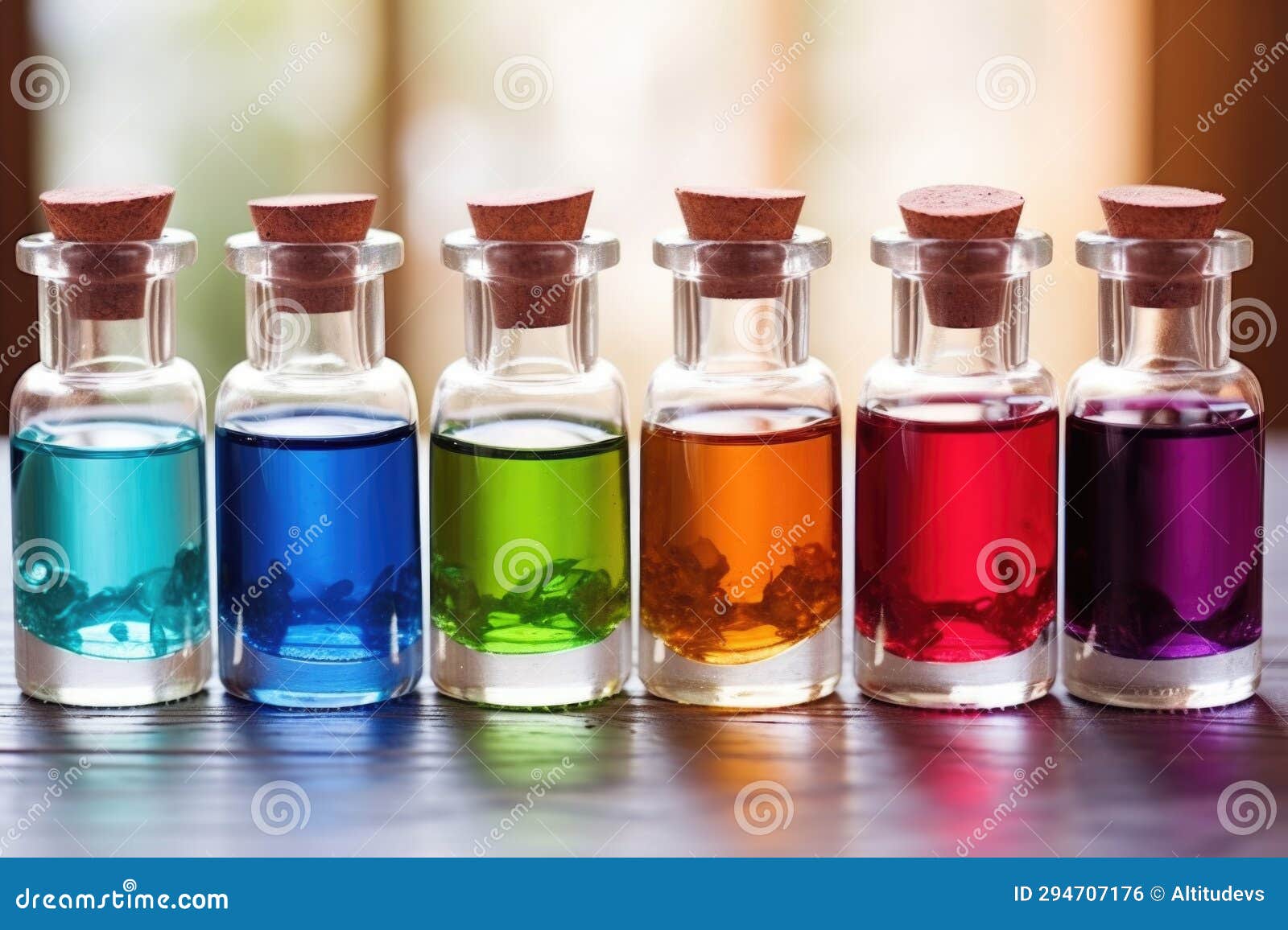 glass bottles filled with different-colored synthesized aromas