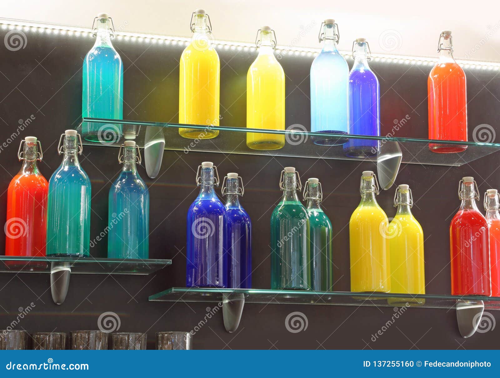 Glass Bottles on Top of the Shelf Stock Photo Image of furnishing