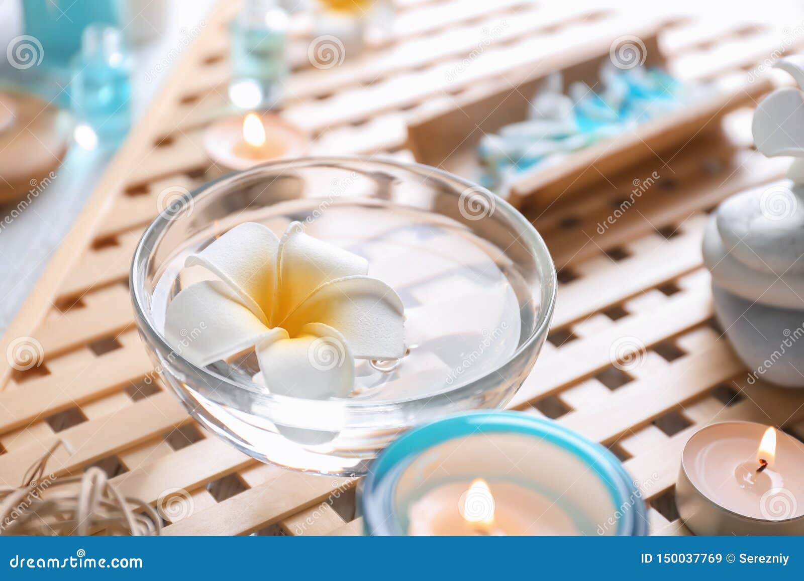 Glass Bowl with Floating Flower in Water on Table Stock Image Image