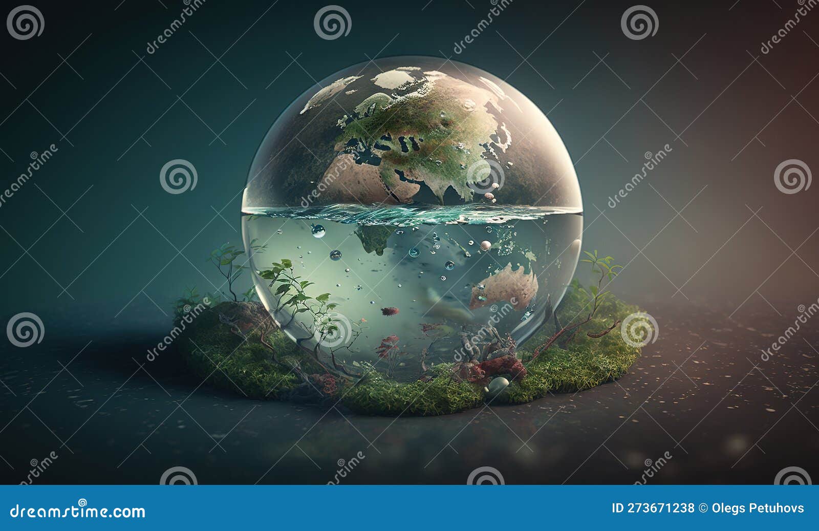 A Glass Bowl with Water and Plants Inside of it on a Table Stock