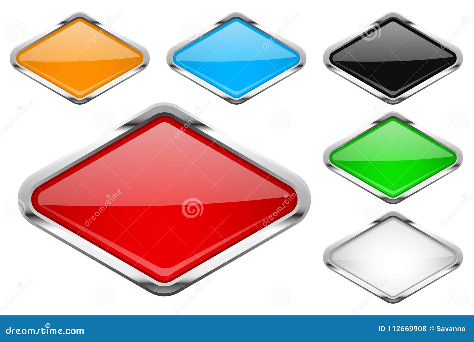 glass buttons with chrome frame. colored set of shiny rhombus d 3d web icons