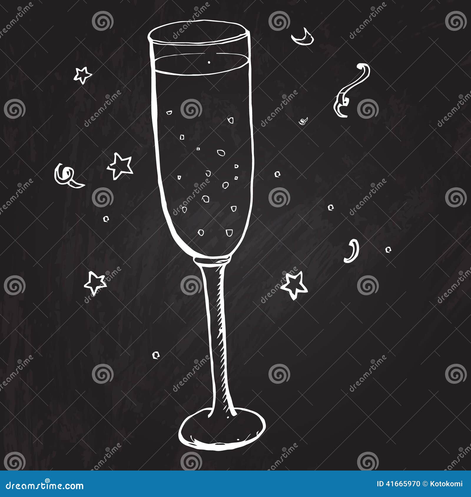 glass champagne bubbles stars vector sketched illustration blackboard background 41665970