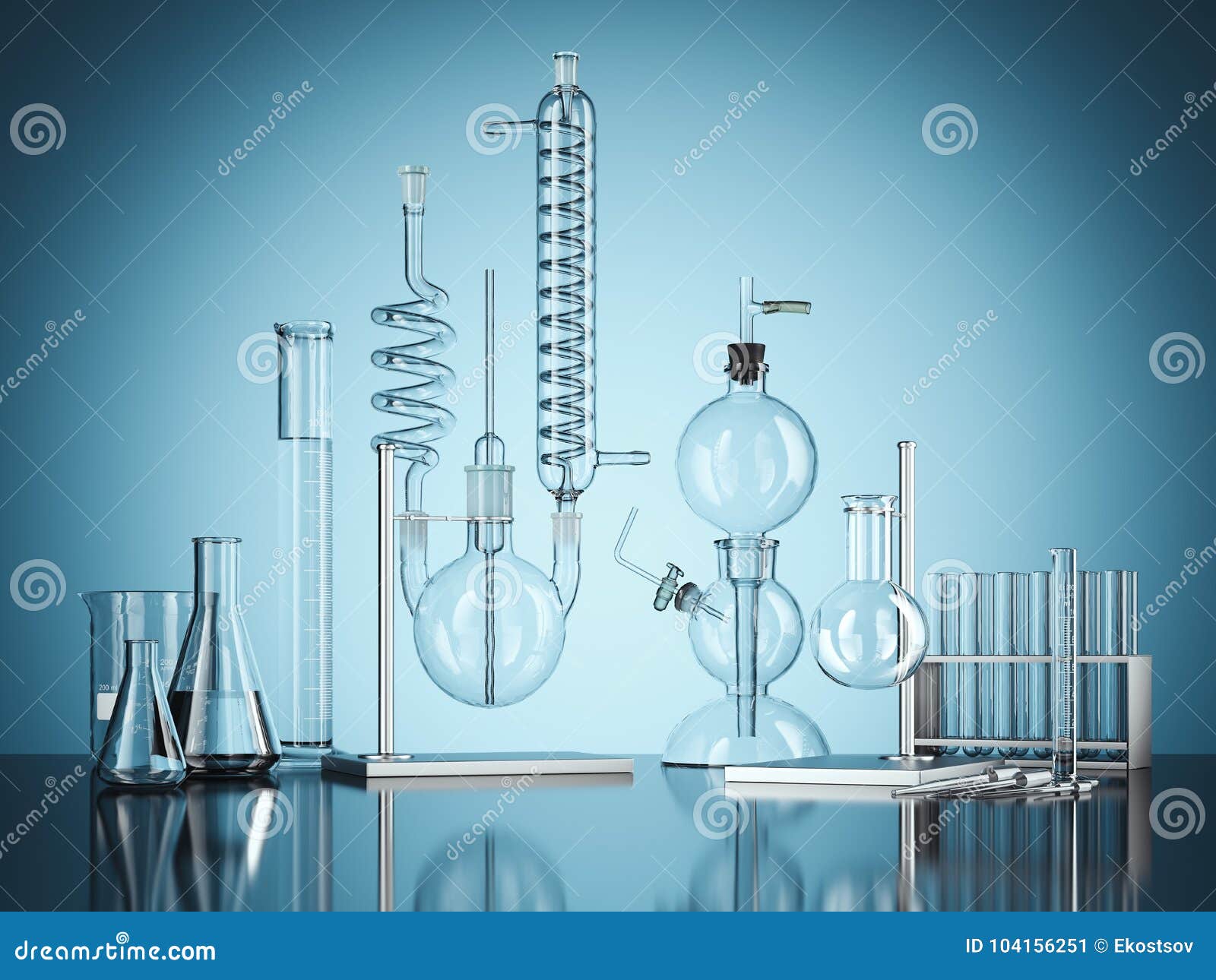 Glass Chemistry Lab Equipment on Blue Background. 3d Rendering Stock