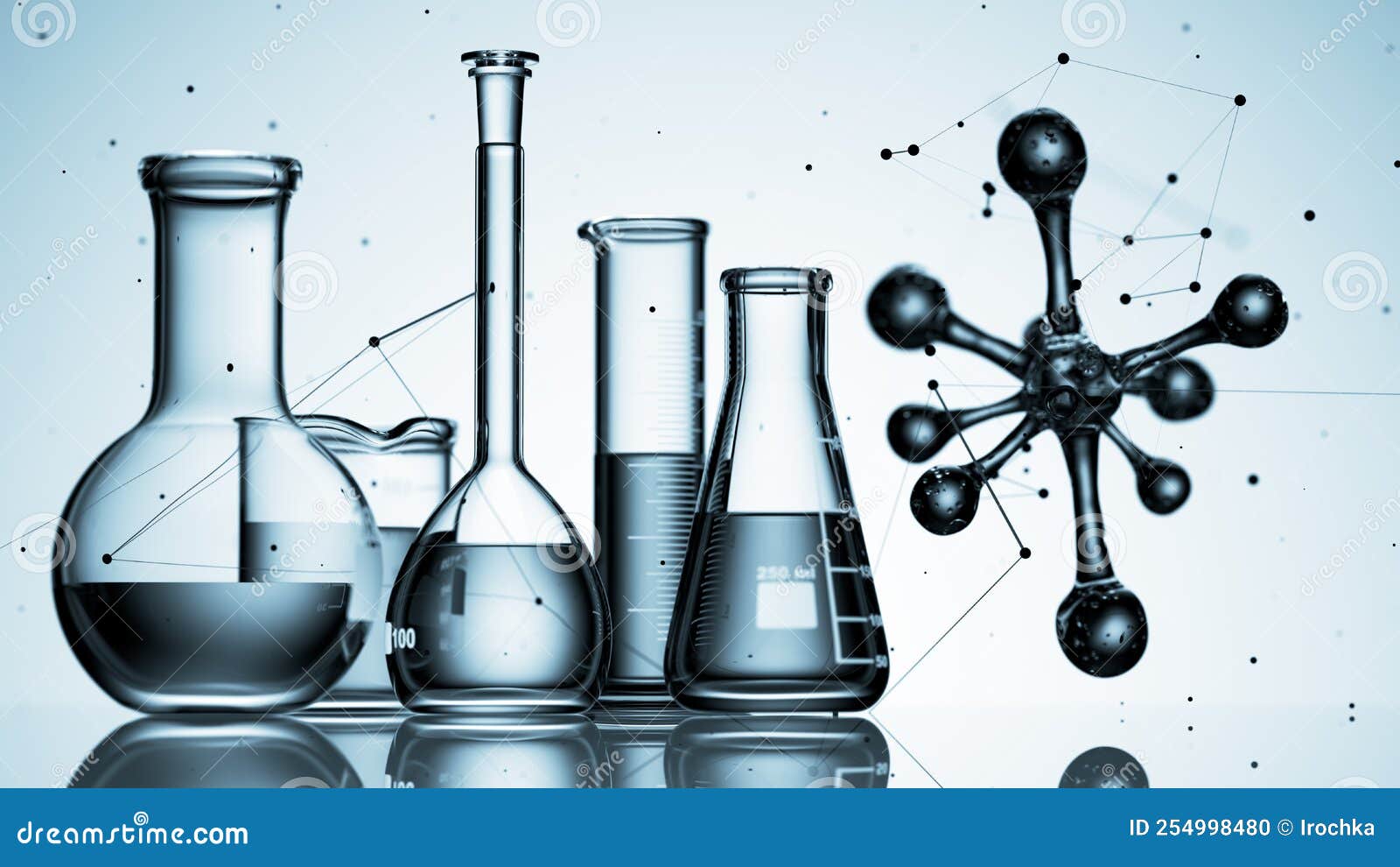 Glass Chemistry Lab Equipment on Blue Background. Chemistry Lab Concept