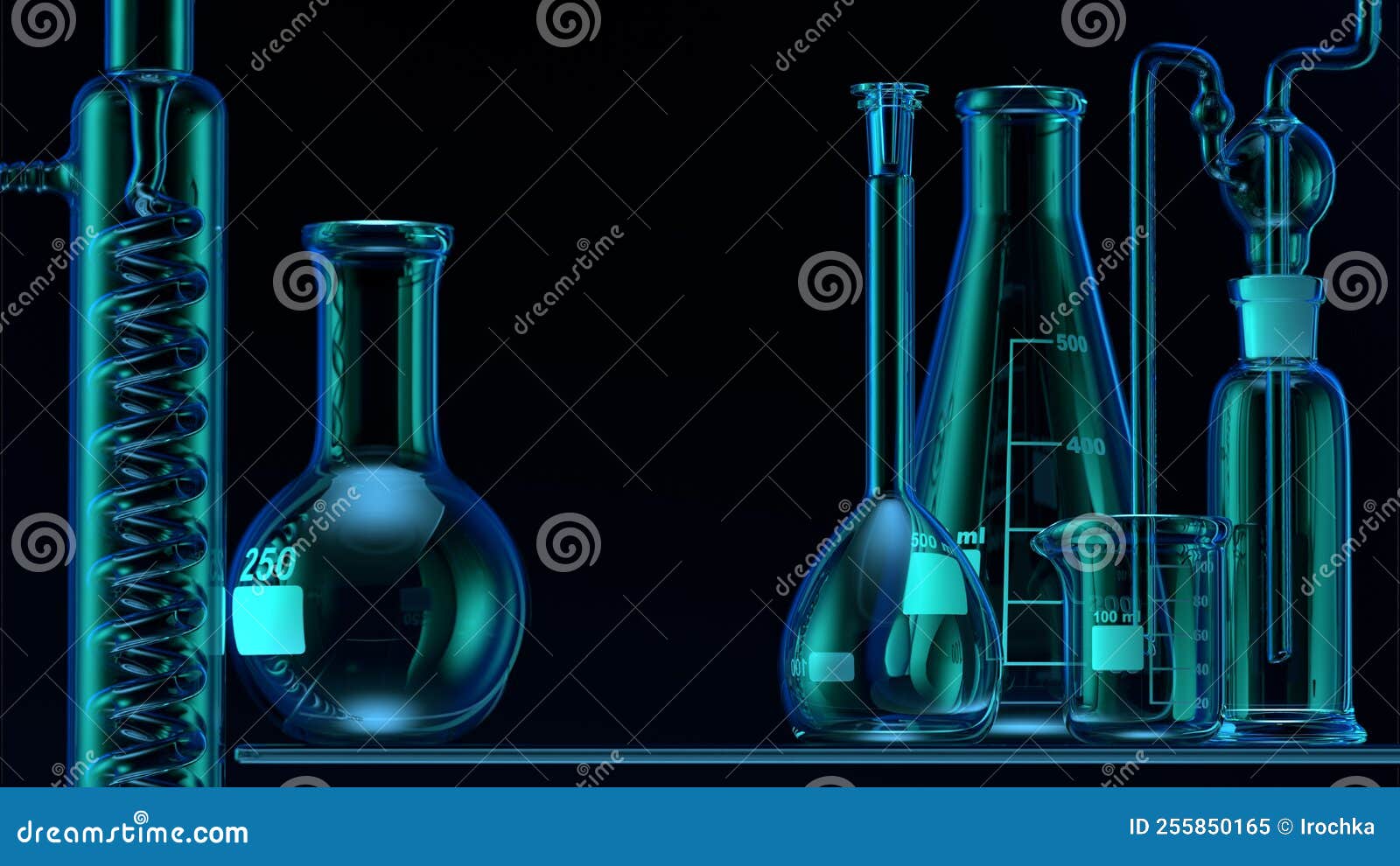 Glass Chemistry Lab Equipment on Blue Background. Chemistry Lab Concept