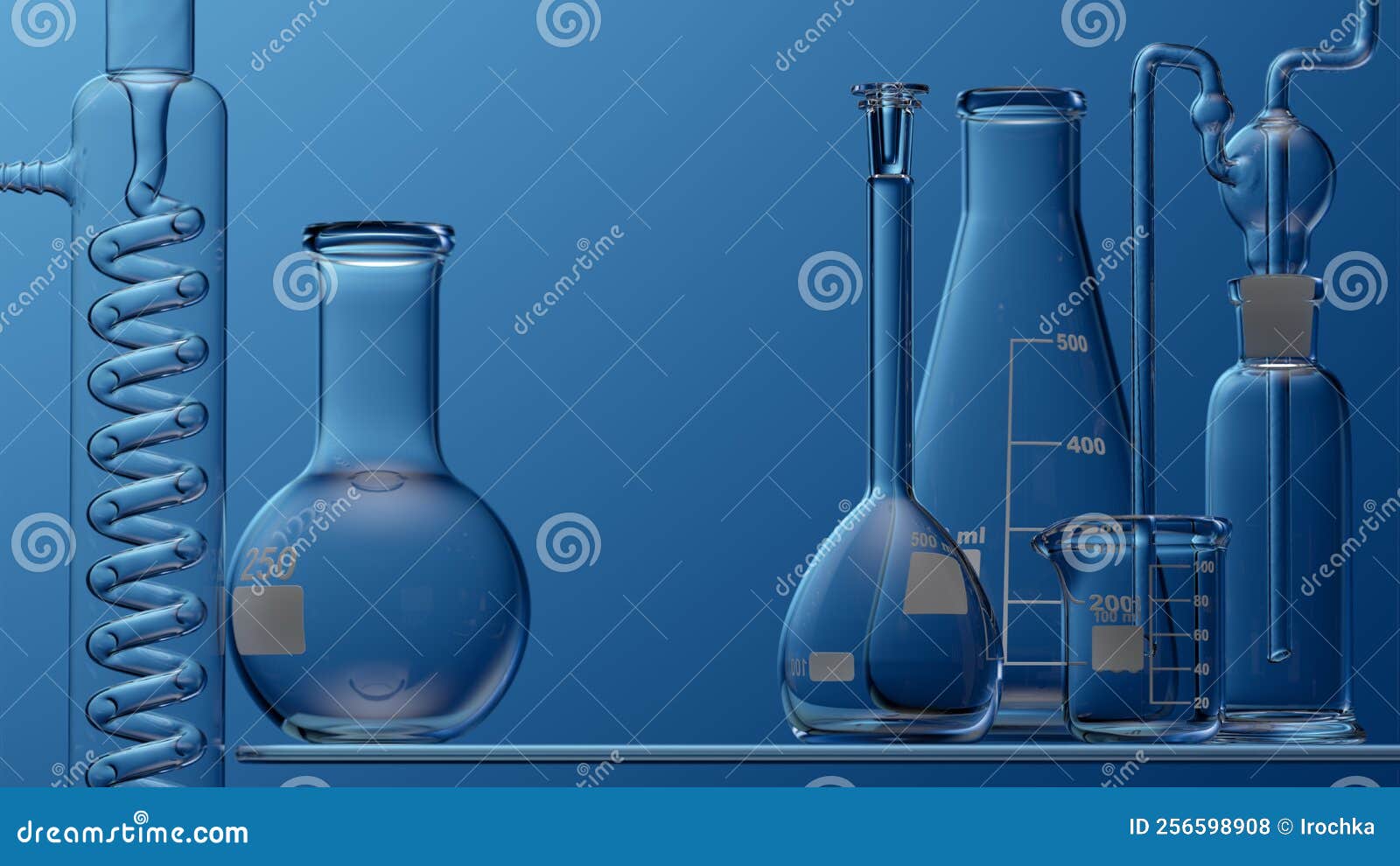 Glass Chemistry Lab Equipment on Blue Background. Chemistry Lab Concept