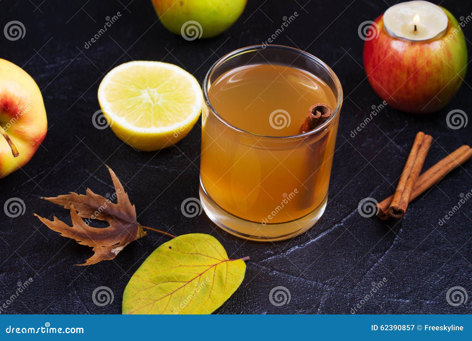 Glass of Cider, Apples and Lemon. Stock Image Image of bottle