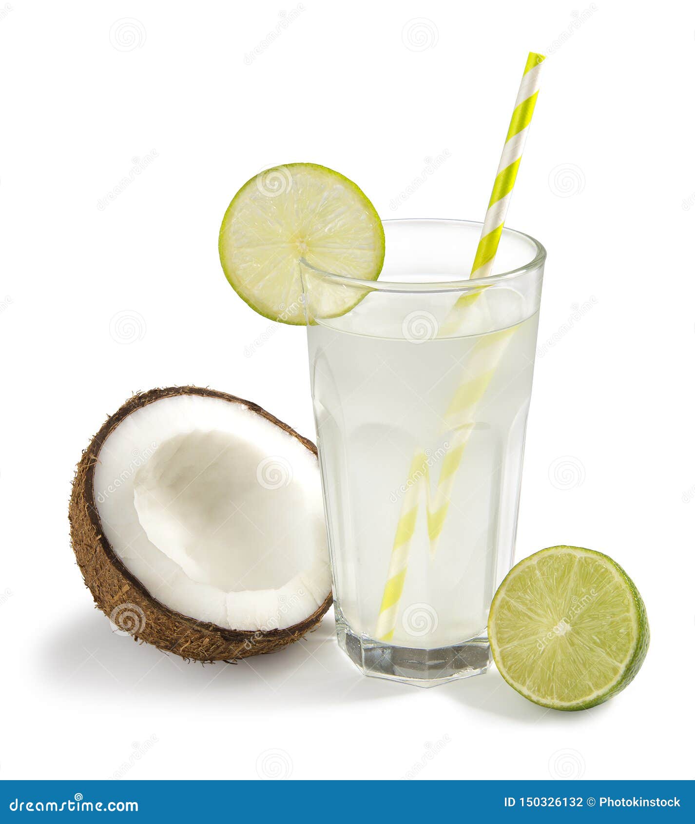 Glass Of Coconut Water With Lime On A White Background Stock Photo