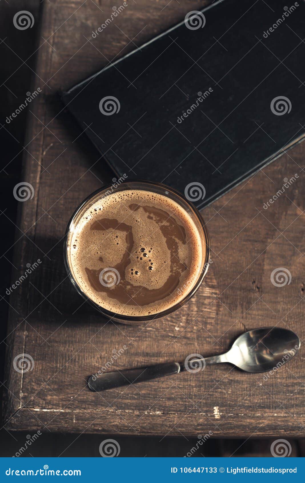 Glass of Coffee Drink, Old Book and Spoon Stock Image Image of foam