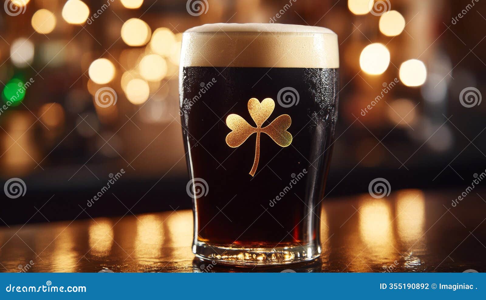 a glass of dark beer with shamrock 