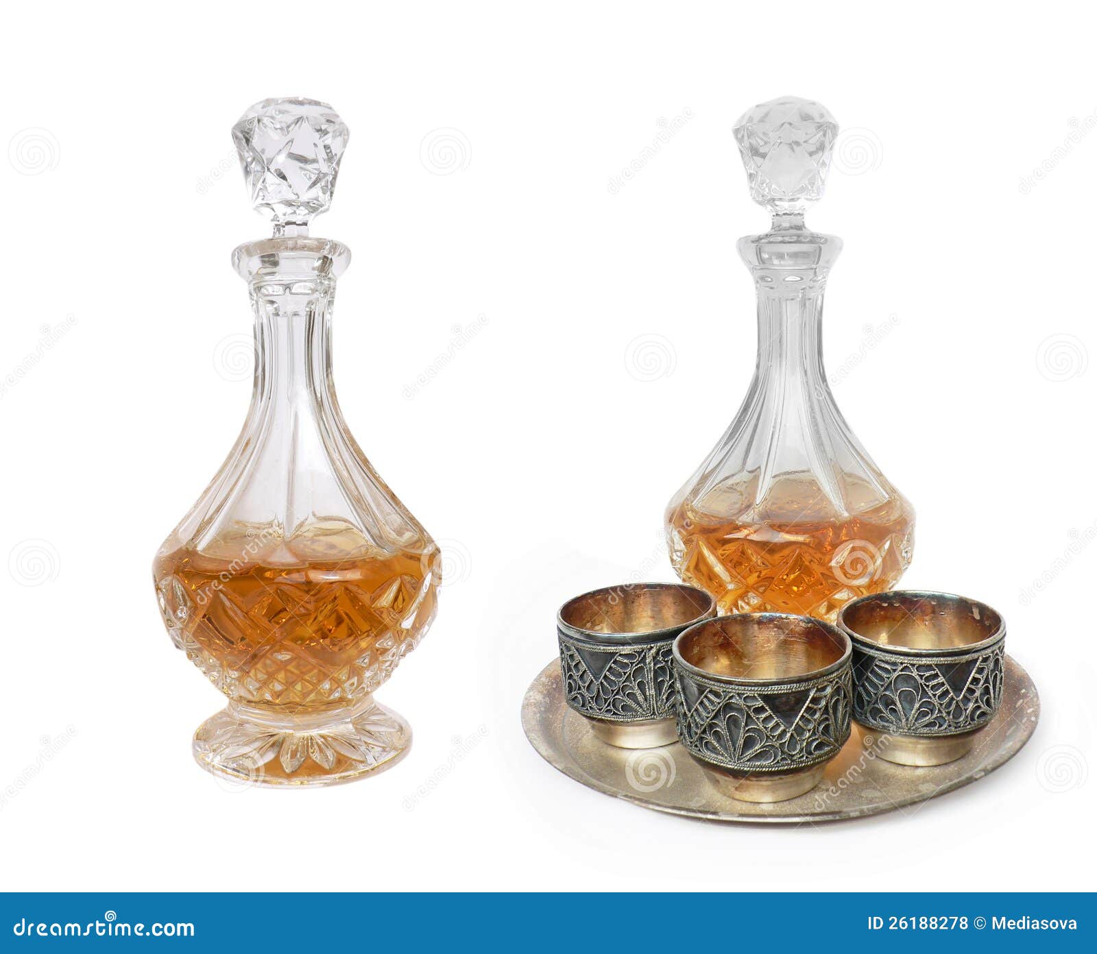 glass decanter and three vintage melchior cups