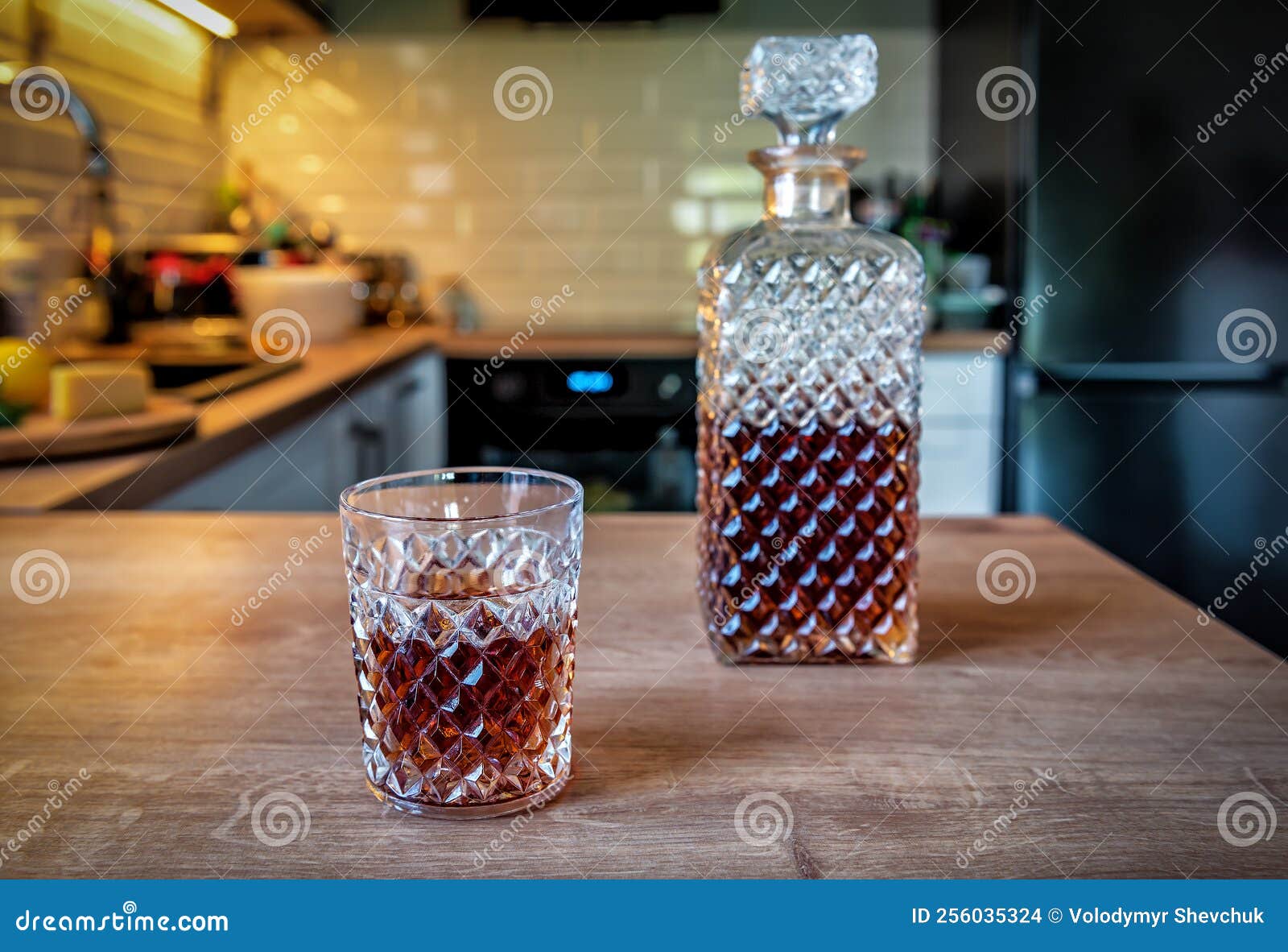 A Glass and Decanter of Whiskey on the Kitchen Stock Photo Image of
