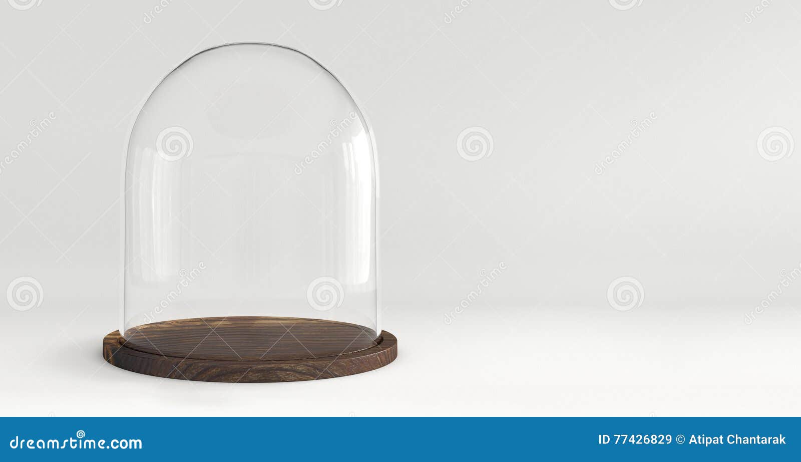 glass dome with wooden tray on white background