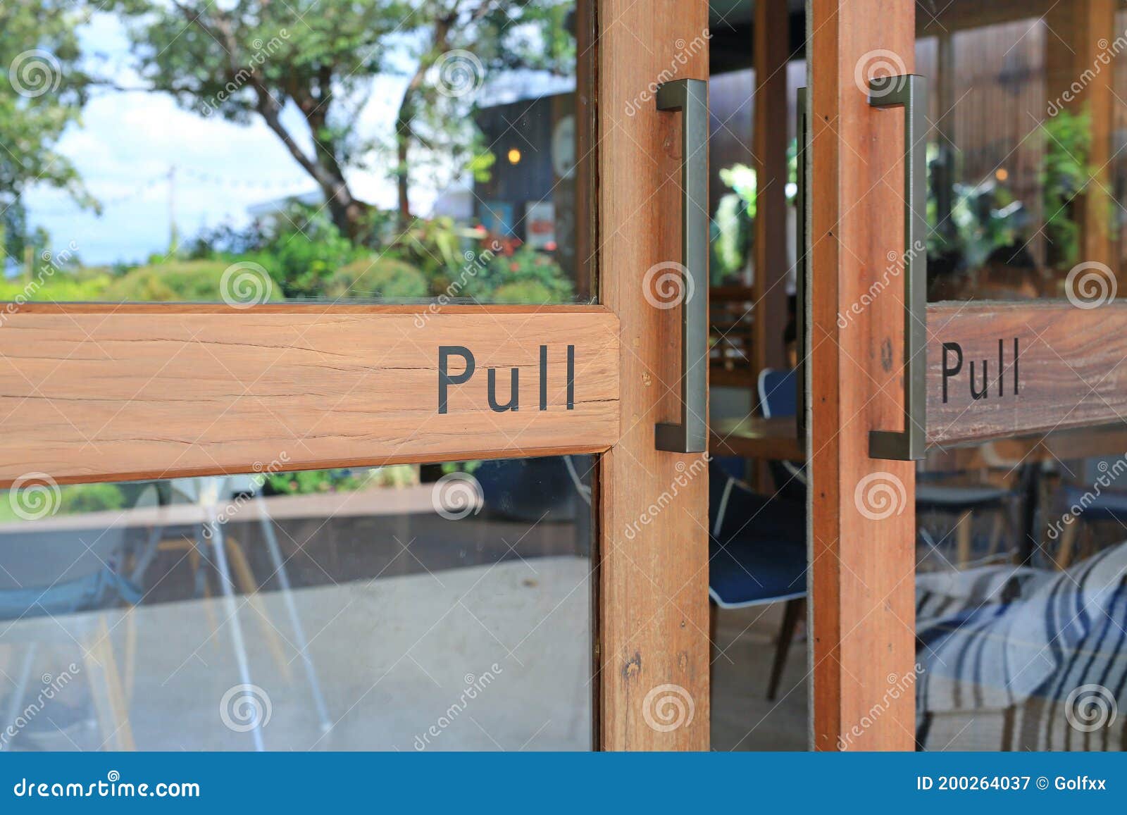 Glass Door of Restaurant with Text Pull on Wood Stock Image Image of