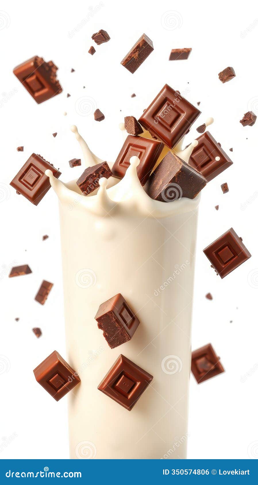 chocolate squares splashing into a glass of milk creating a delicious and playful dessert moment