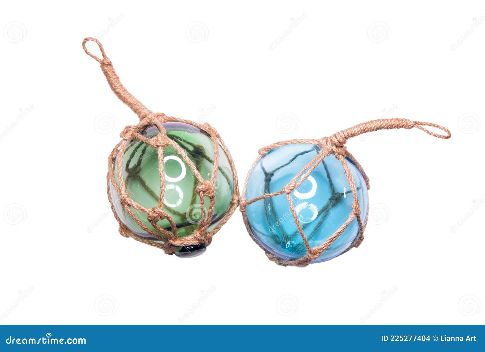 Glass Fishing Round Buoys. Two Glass Spheres with Ropes Isolated
