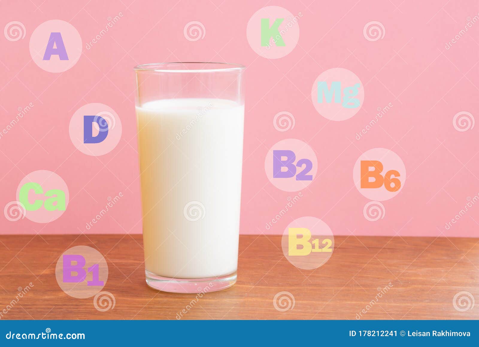 glass of fresh milk on wooden table with pink background. milk in glass with chemical abbreviations of vitamins and minerals